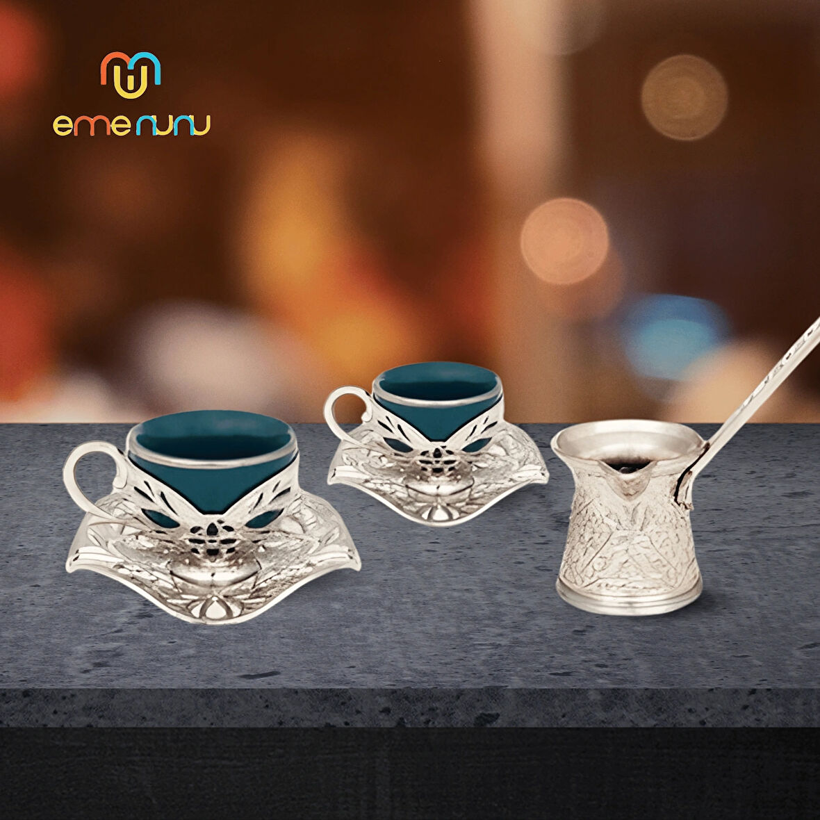 Büşra İkili Cezveli Porselen Kahve Fincan Seti - Bakır İşlemeli Fincan + Cezve Takımı