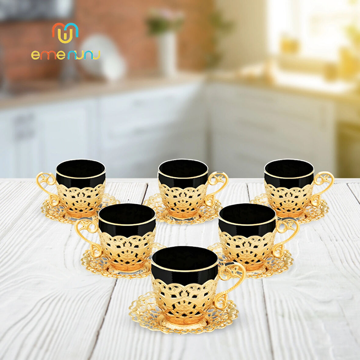 Gelincik Altılı Kahve Fincan Seti - 6 Kişilik Bakır İşlemeli Fincan Takımı (4 Farklı Renk Seçenekli)