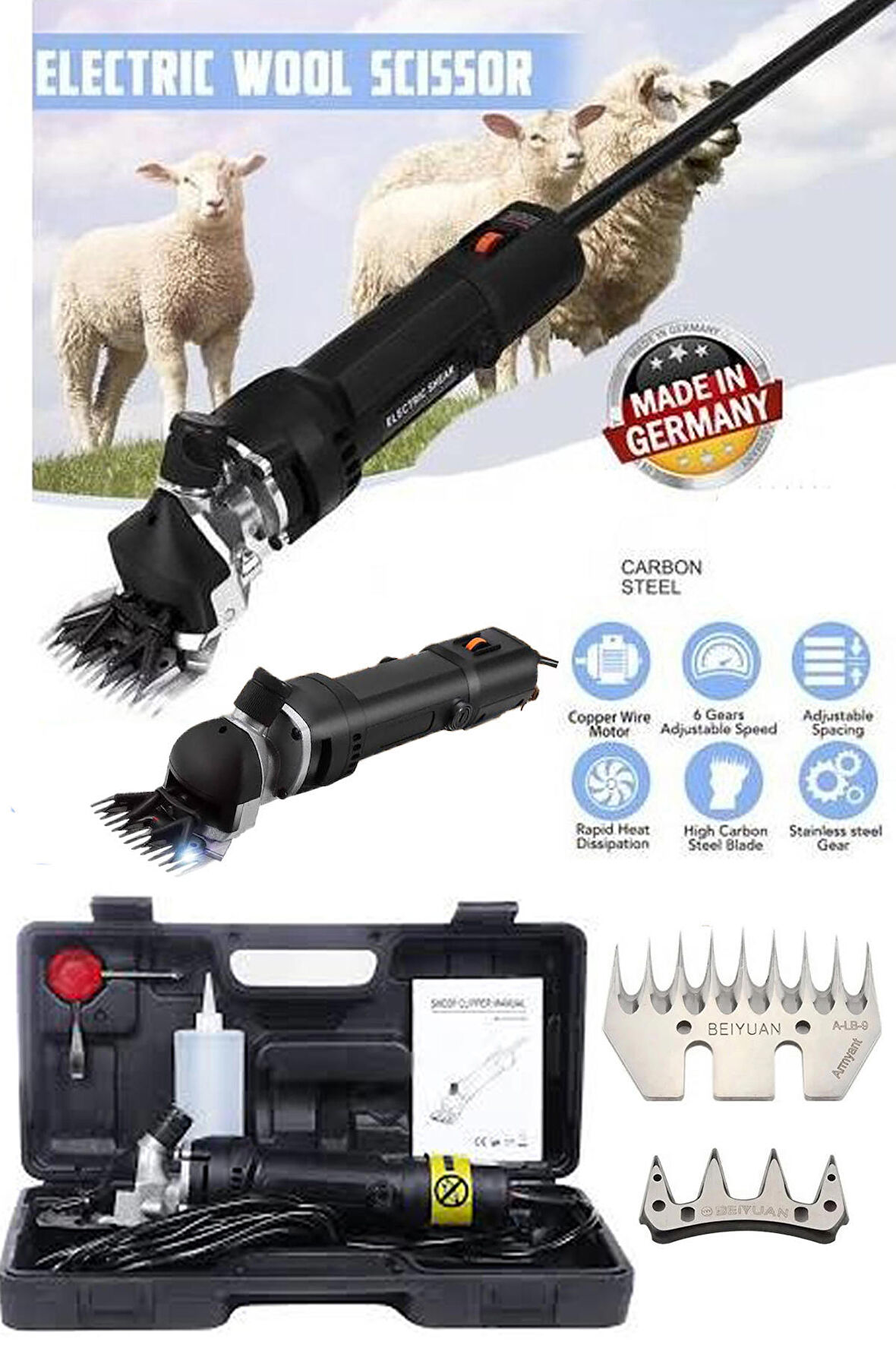 Sheep Clipper Alman 9200 Panzer Çift Metal Şanzuman Koyun Kırkım Makinesi Ağır Hizmt Devir Ayarlı Bakır Sargı