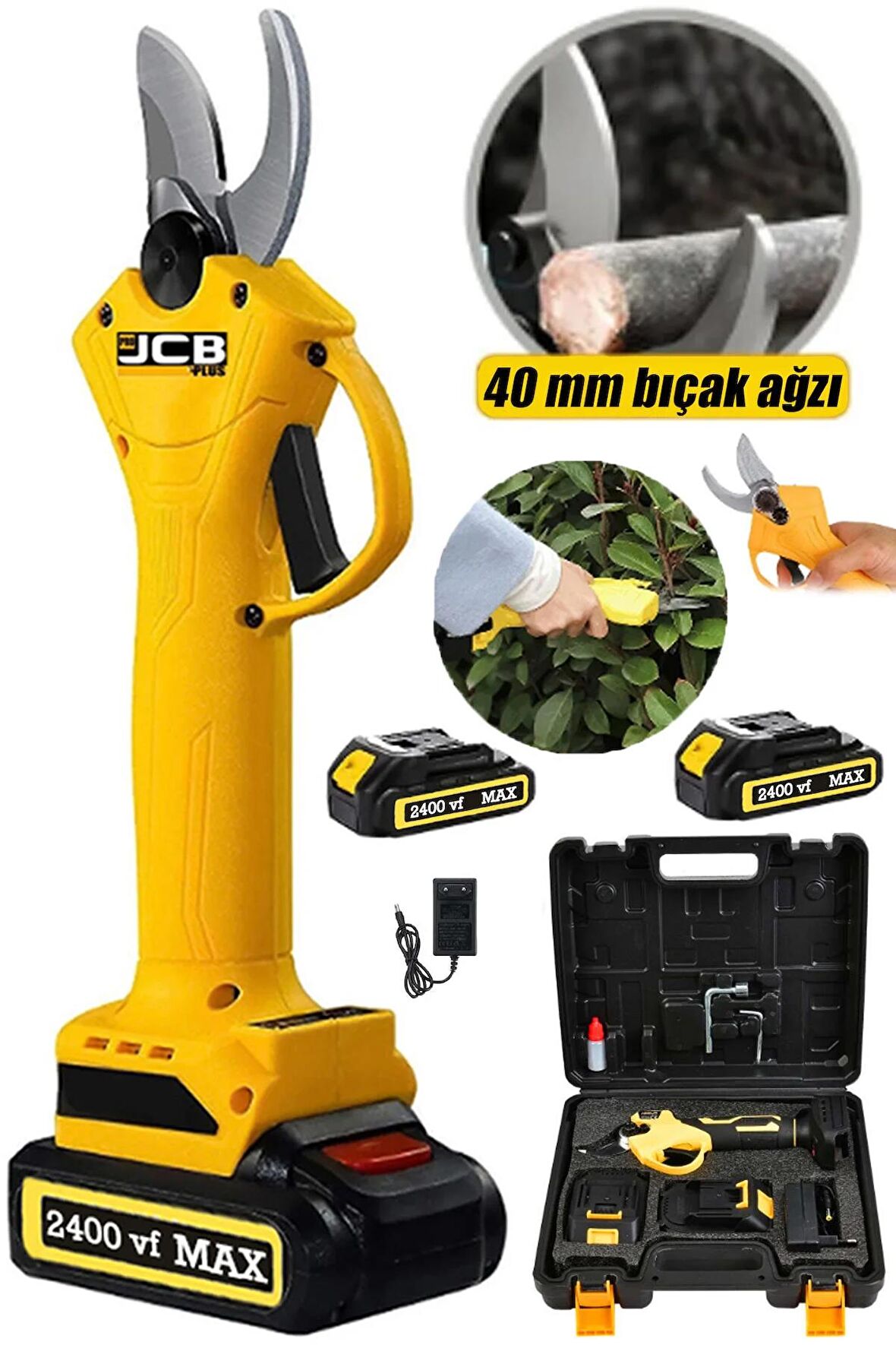 Projcb Plus Özel Seri 40 mm Bıçak Ağzı 2400 vf Yellow Bağ Budama Makası 2 Akülü Uzun Şarj Kömürsüz Motor