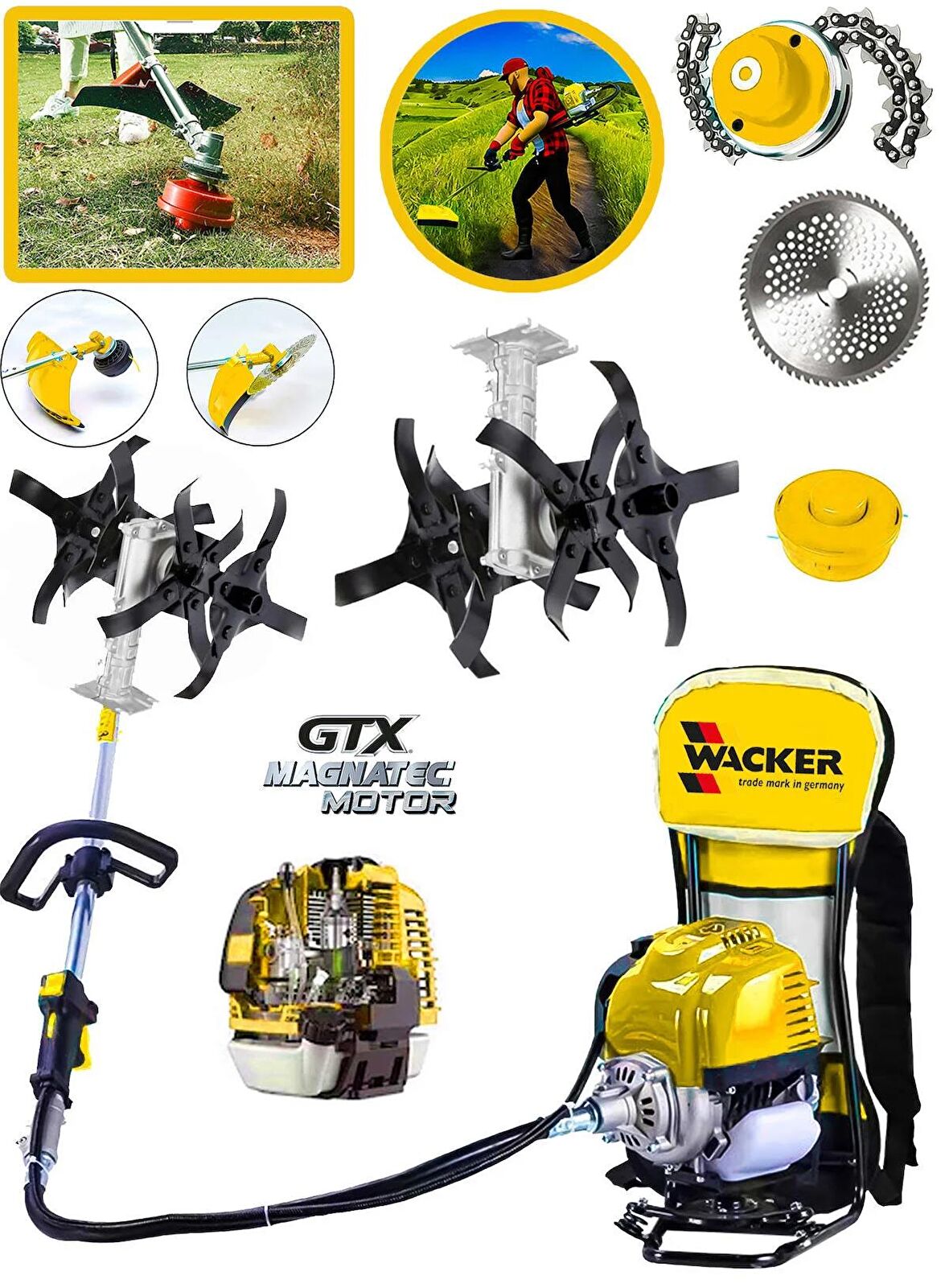 Wacker Pro Alman Magnatec Cross Seri 14 HP Sırt Tipi Ot Çim Çalı Biçme Tırpanı + Akrobat Çapa Aparatı