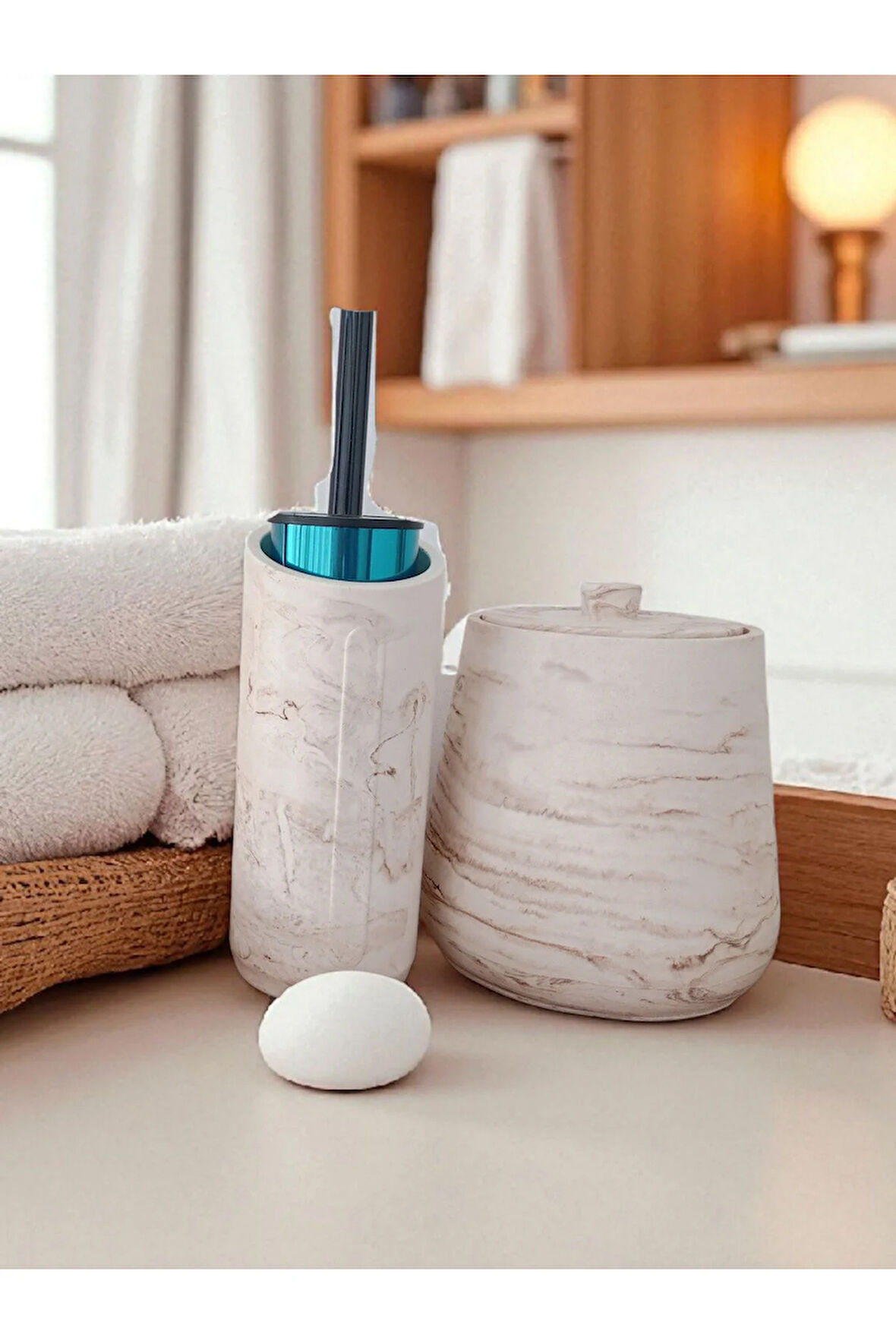 4 Parça Mermer Desenli Beton Banyo Wc Seti Tuvalet Fırçası Çöp Kovası 4 Litre