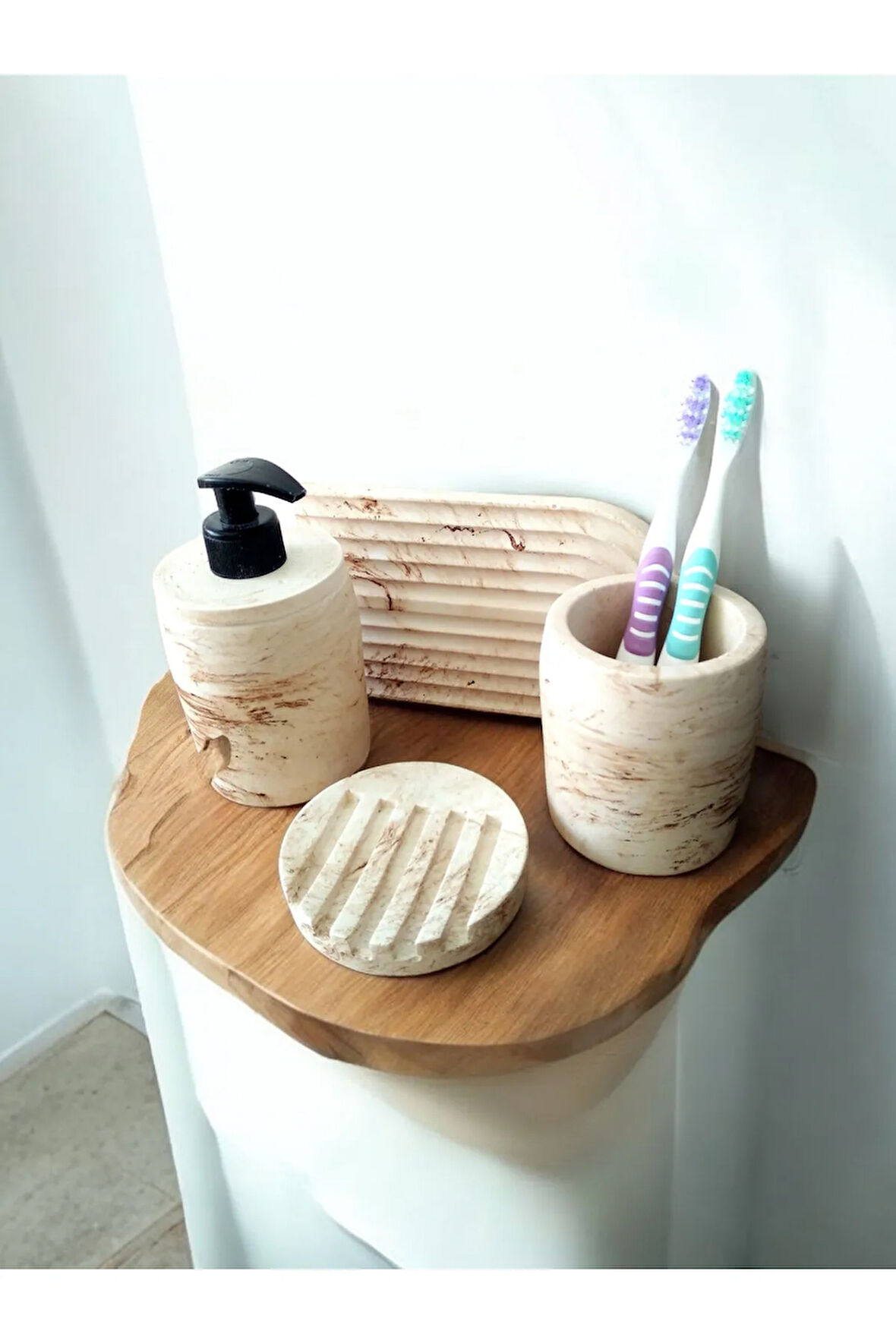 Marble Serisi  Bej Sıvı Sabunluk Ve Diş Fırçalık Seti