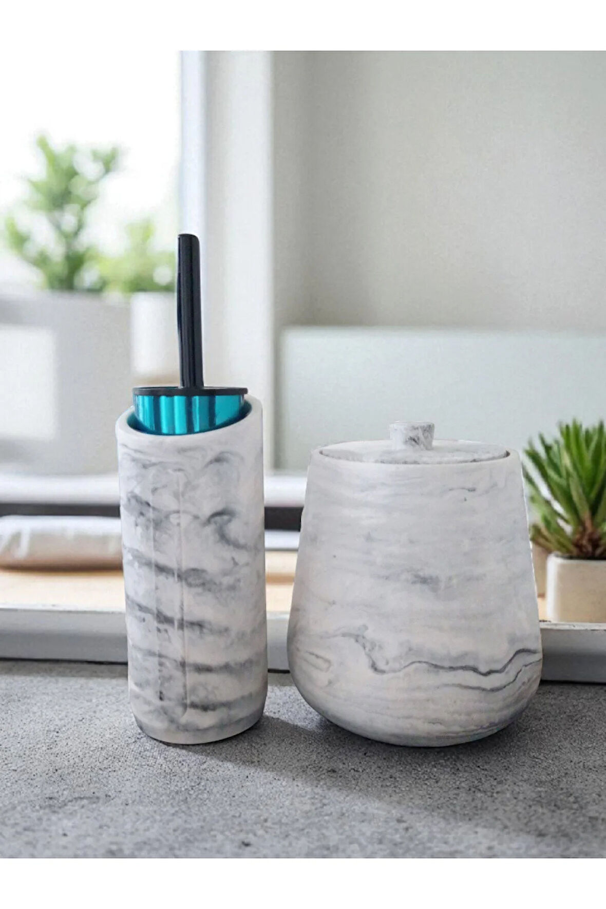 4 Parça Mermer Desenli Beton Banyo Wc Seti Tuvalet Fırçası Çöp Kovası 4 Litre