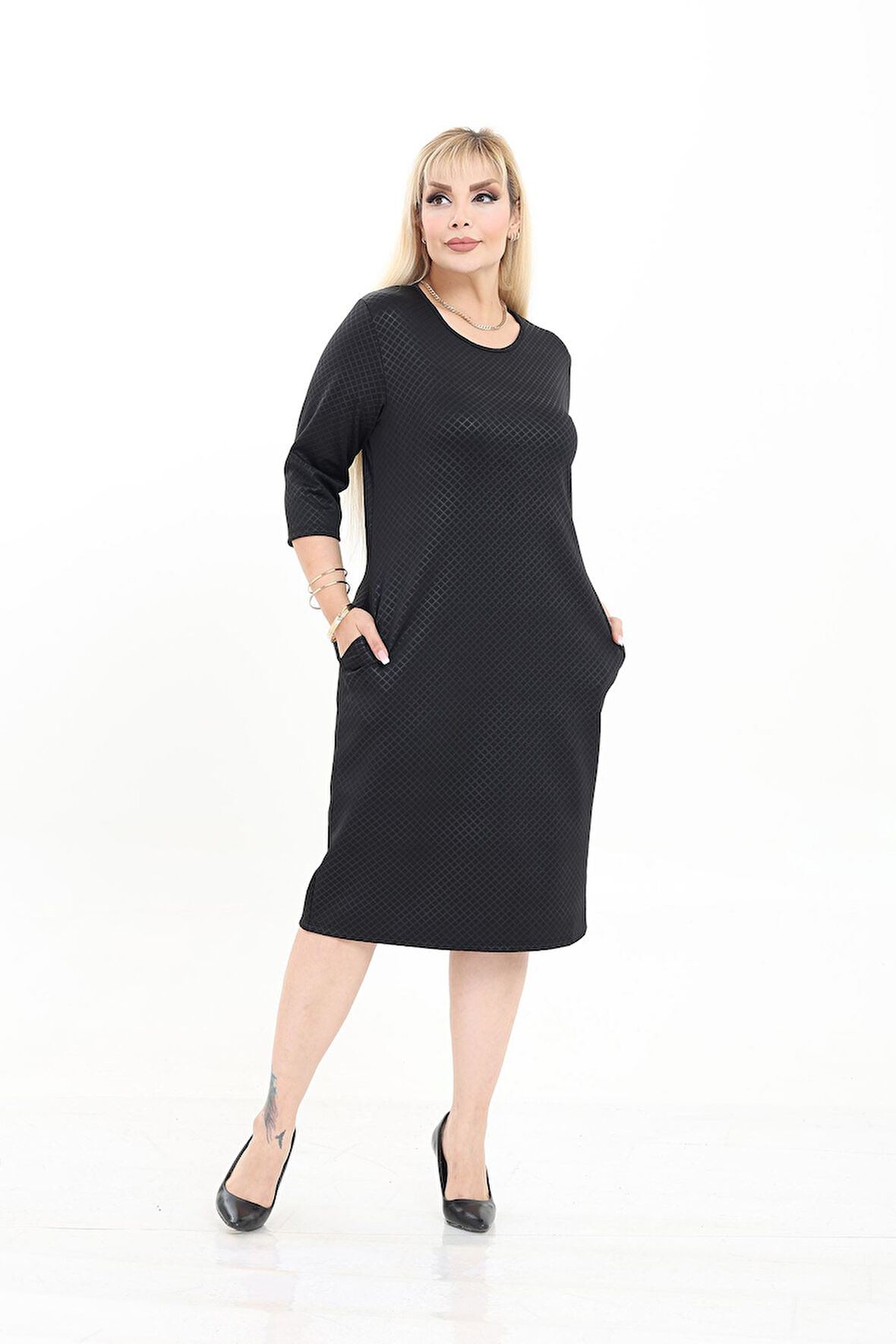 Çift Cepli Desenli Esnek Kışlık Büyük Beden Midi Elbise 25B-2722