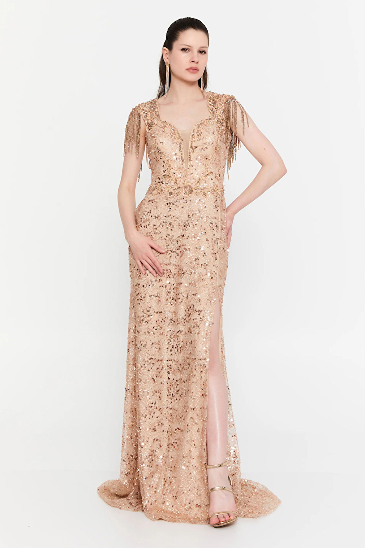 Alinexclusive Kadın Taş ve Pul Detaylı Kolsuz Balık Form Tül Abiye Elbise 1891 Vizon