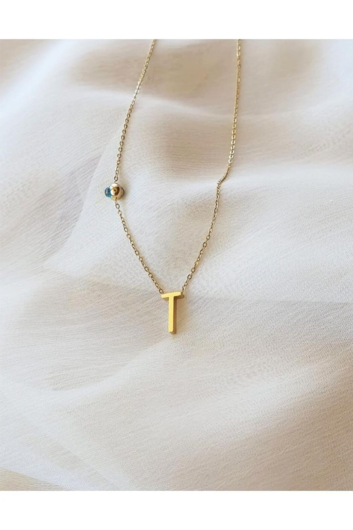 Kadın Nazar Boncuklu T Harf Çelik Kolye