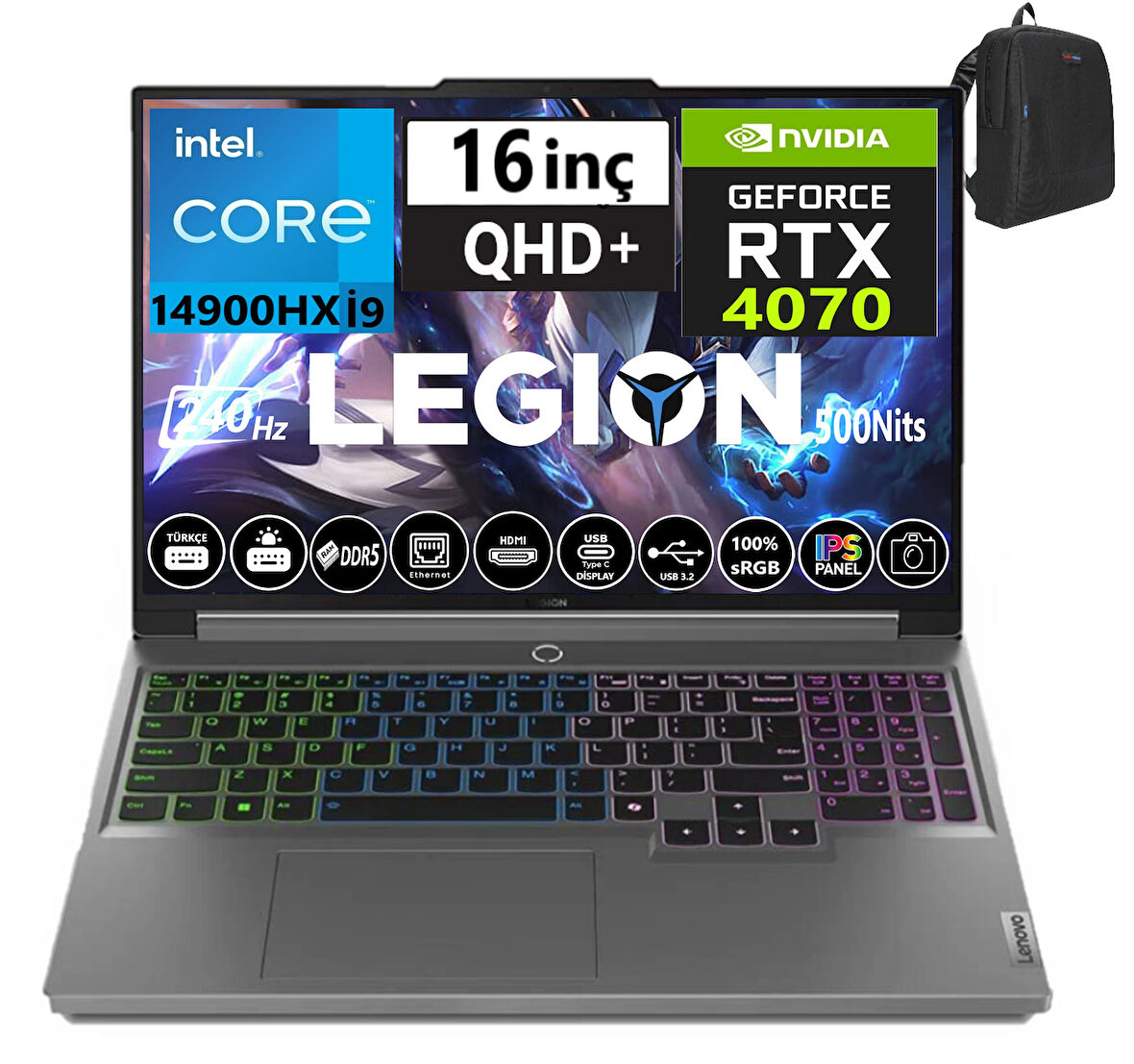 Lenovo Legion 5 16IRX9 14.nesil Core I9 14900HX 96GB Ddr5 1tb SSD 8GB/RTX4070 140W Freedos 16" Wqxga 240Hz 500NITS IPS Taşınabilir Bilgisayar W83DG00F0TR18+WEBLEGELSINÇANTA