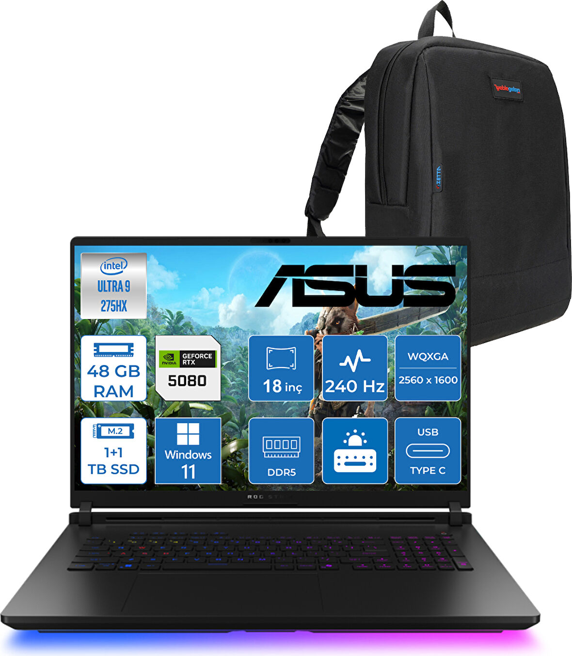 Asus Rog Strix Scar 18 G835LW-SA129 Intel Core Ultra 9 275HX Aı 48GB GB 1tb Ssd+1tb SSD 16GB/RTX5080 Gddr7 175W 18" 2.5k 2560X1600 Wqxga 240Hz 3ms 1200NITS WINDOWS11HOME Laptop WSA129H20+ZETTAÇANTA
