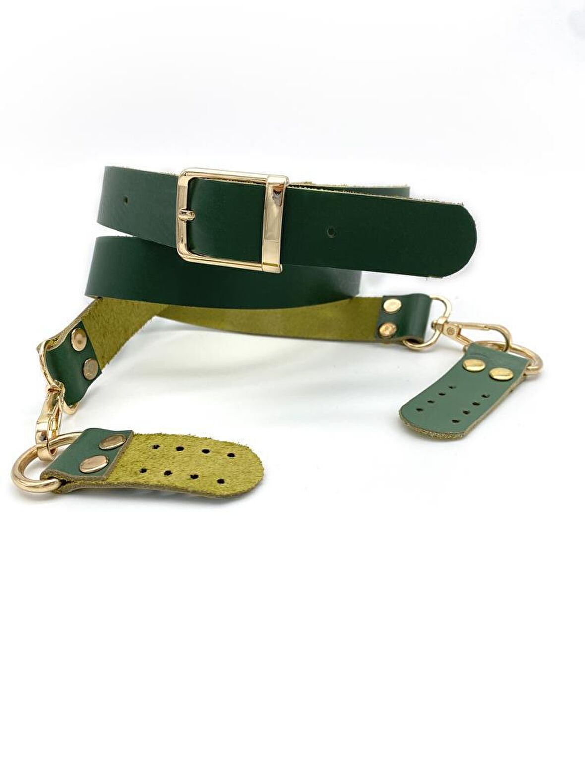 Gerçek Deri Ayarlı Uzun Sap 2.3x130 Haki Yeşil Light Gold Metal