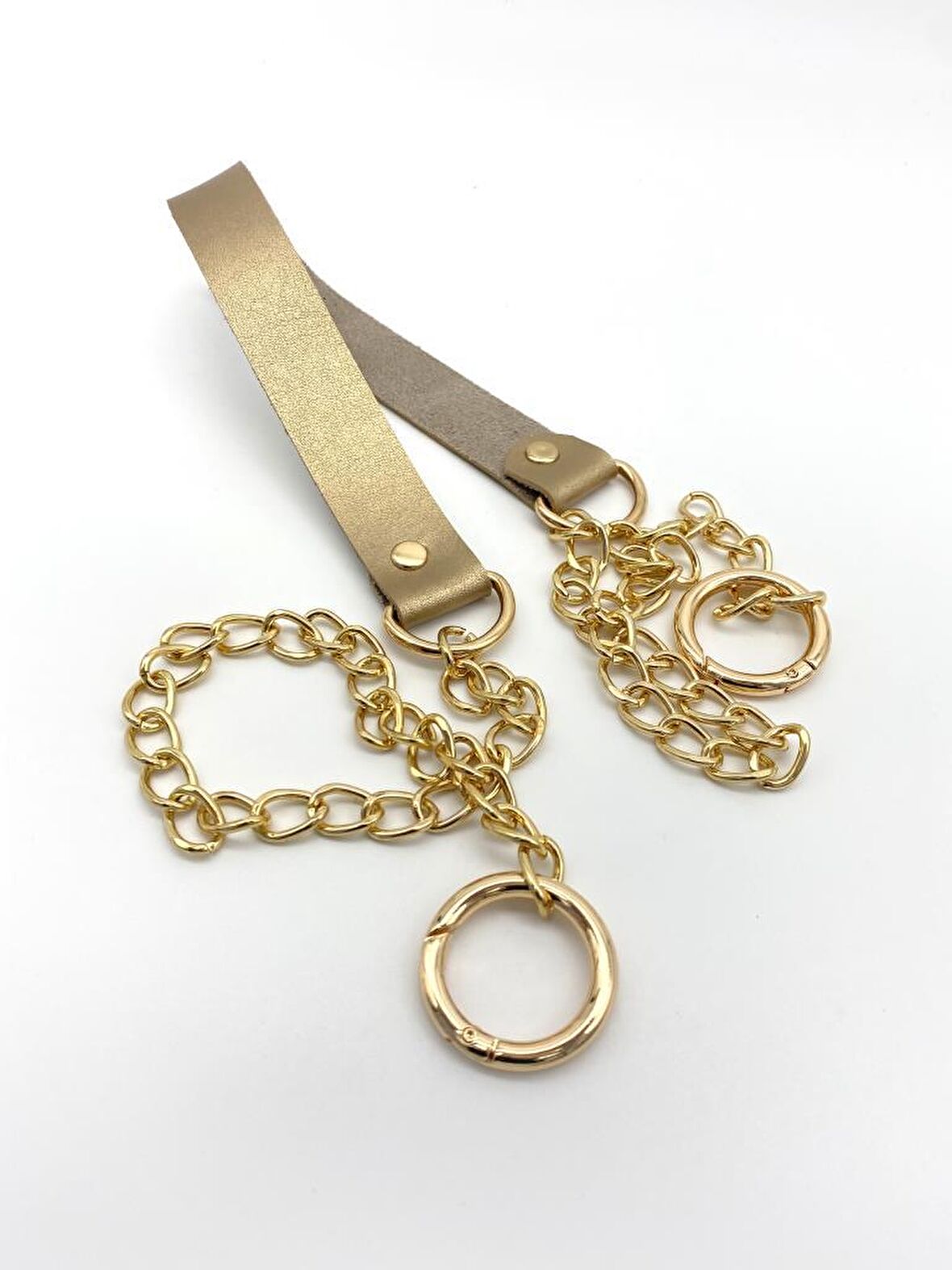 Tek Kat Suni Deri Gold Renk İnce Zincirli Sap Light Gold Metal