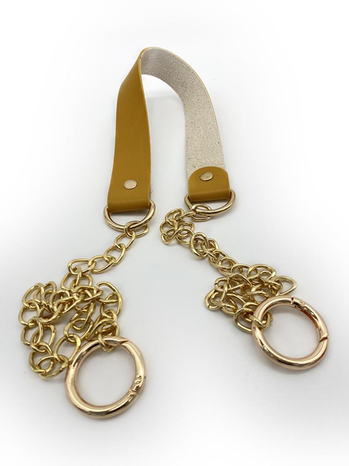 Tek Kat Suni Deri Hardal Renk İnce Zincirli Sap Light Gold Metal