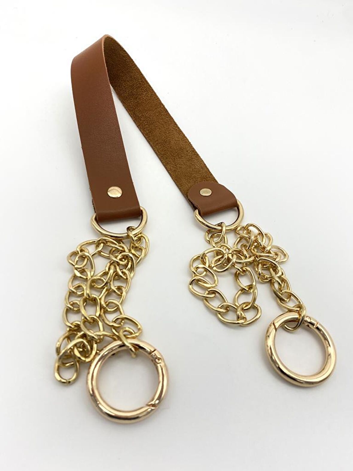 Tek Kat Suni Deri Taba Renk İnce Zincirli Sap Light Gold Metal