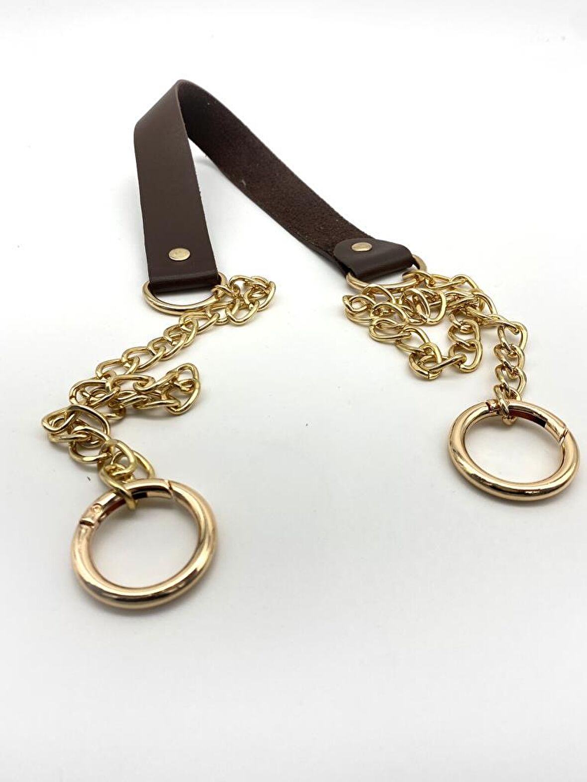 Tek Kat Suni Deri Kahverengi İnce Zincirli Sap Light Gold Metal