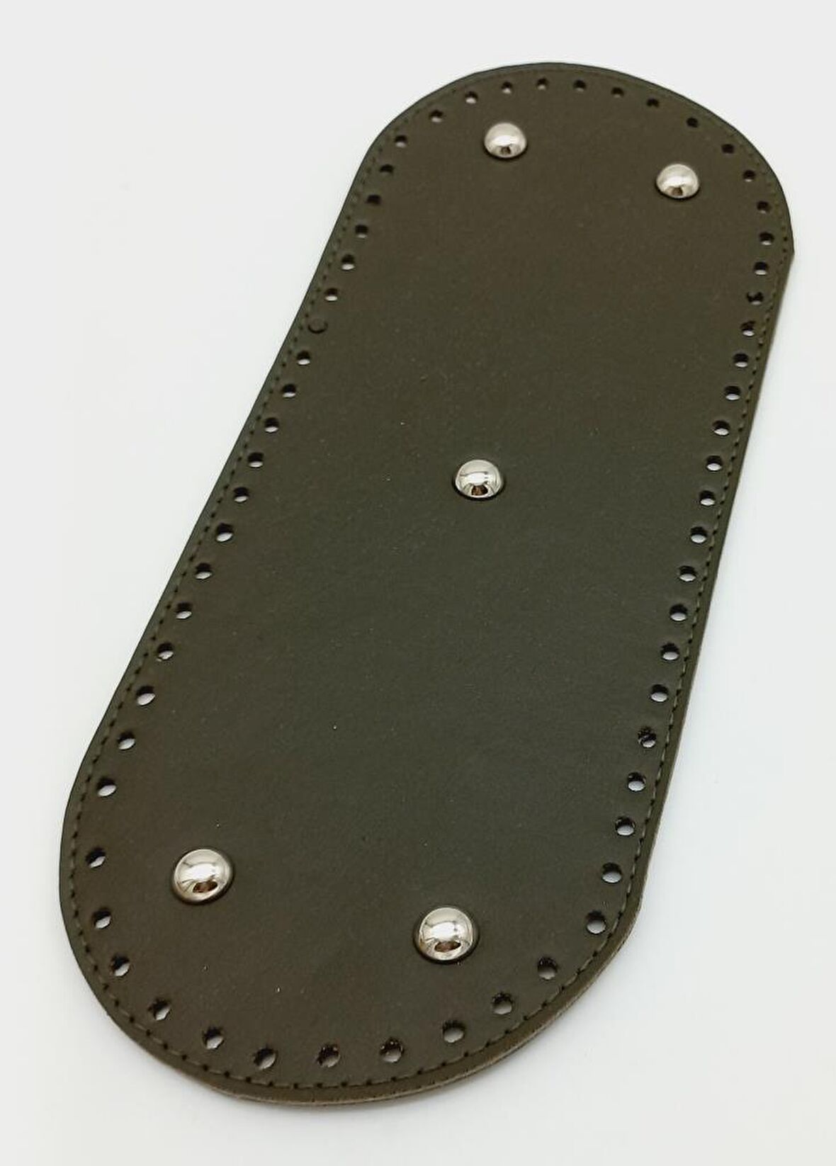 Suni Deri Haki Renk 30X12 cm Oval Çanta Tabanı (Gümüş Aparatlı)