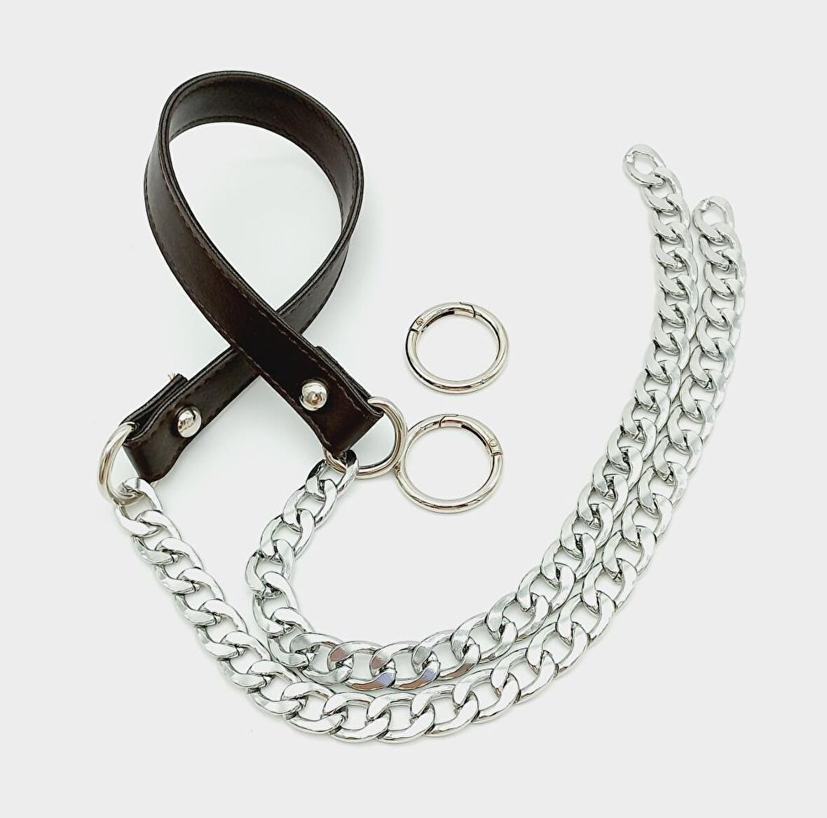 Suni Deri Dikişli Gümüş Zincirli Kahverengi Çanta Sapı