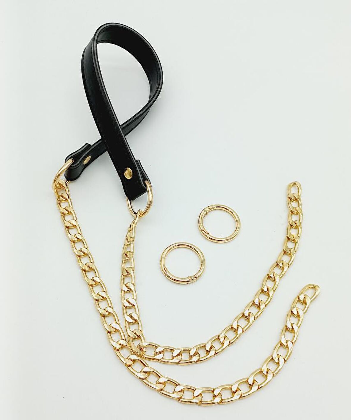 Suni Deri Dikişli Siyah Renk Light Gold Zincirli Çanta Sapı