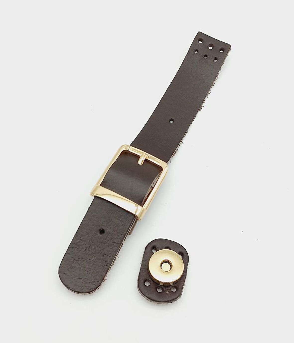 18x2,3 cm Kahverengi Gerçek Deri Tokalı Çanta Kapağı Light Gold Metalli