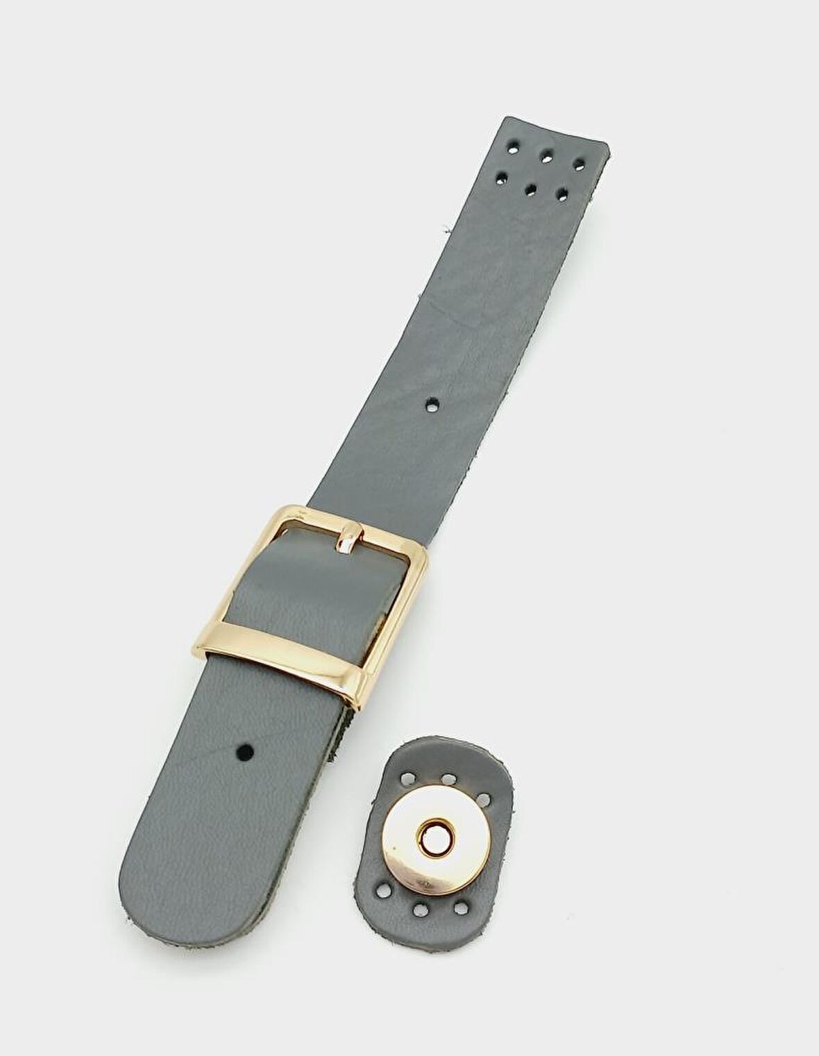 18x2,3 cm Gri Gerçek Deri Tokalı Çanta Kapağı Light Gold Metalli