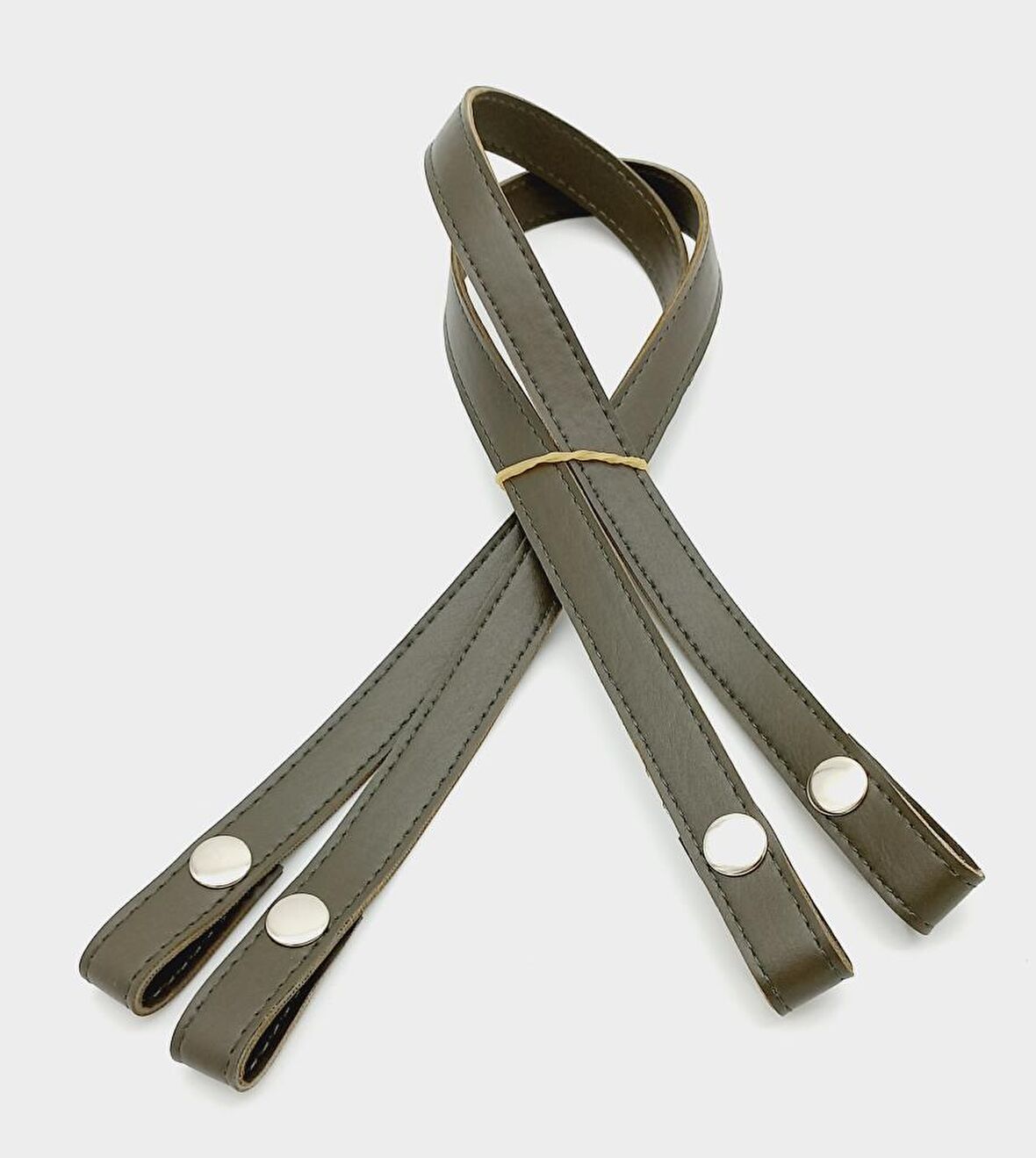 Çift Kat Dikişli Suni Deri Haki Çıtçıtlı Çanta Sapı Gümüş Metalli