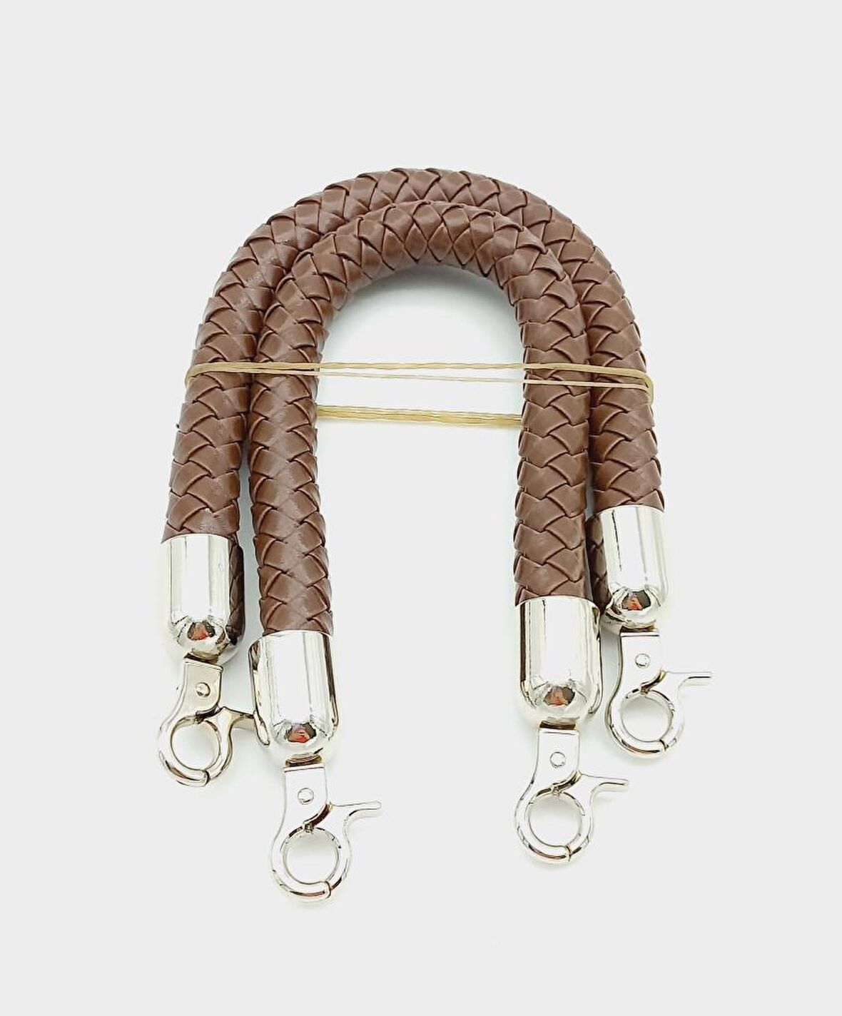 Kahverengi Kısa Örme Çanta Sapı Gümüş Metal