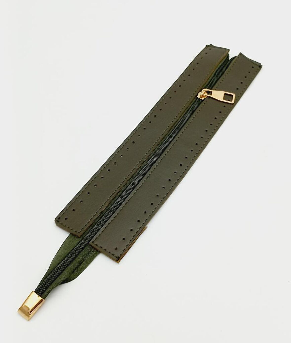 Haki Renk 28 Cm Derili Fermuar Light Gold Metalli