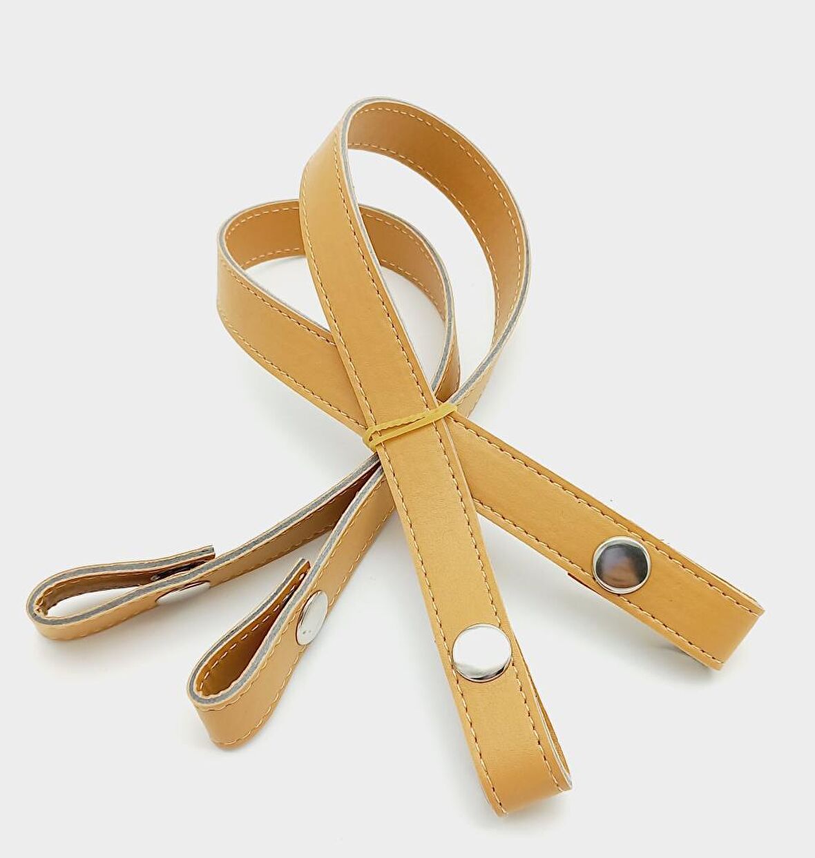 Çift Kat Dikişli Suni Deri Hardal Sarı Çıtçıtlı Çanta Sapı 50 cm Gümüş Metalli