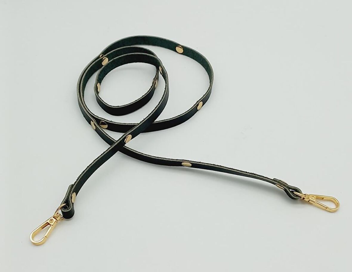 Gerçek Deri Troklu Spagetti Model Siyah Light Gold Metal Çanta Sapı