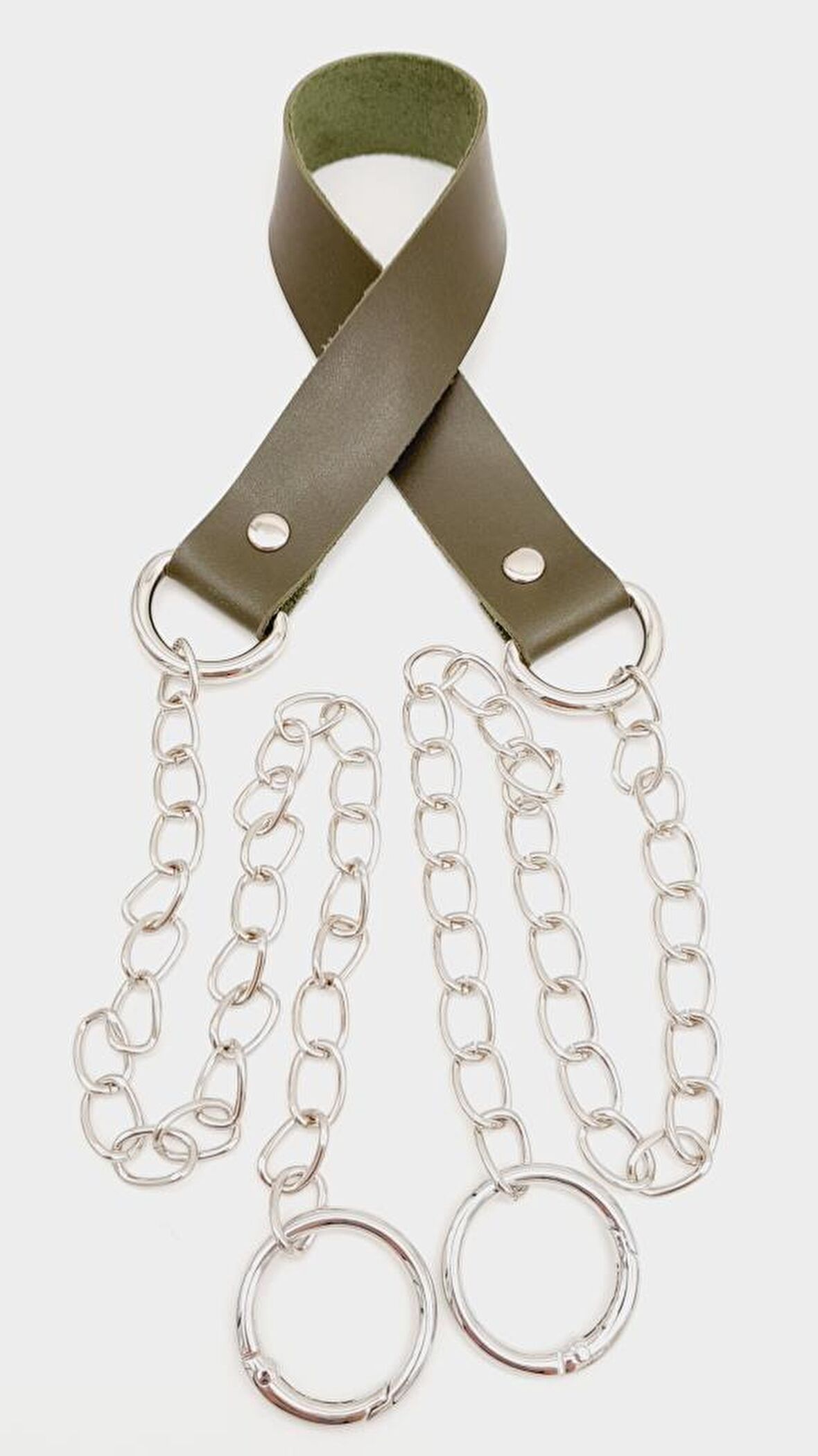 Tek Kat Suni Deri Haki Renk İnce Zincirli Sap Gümüş Metal