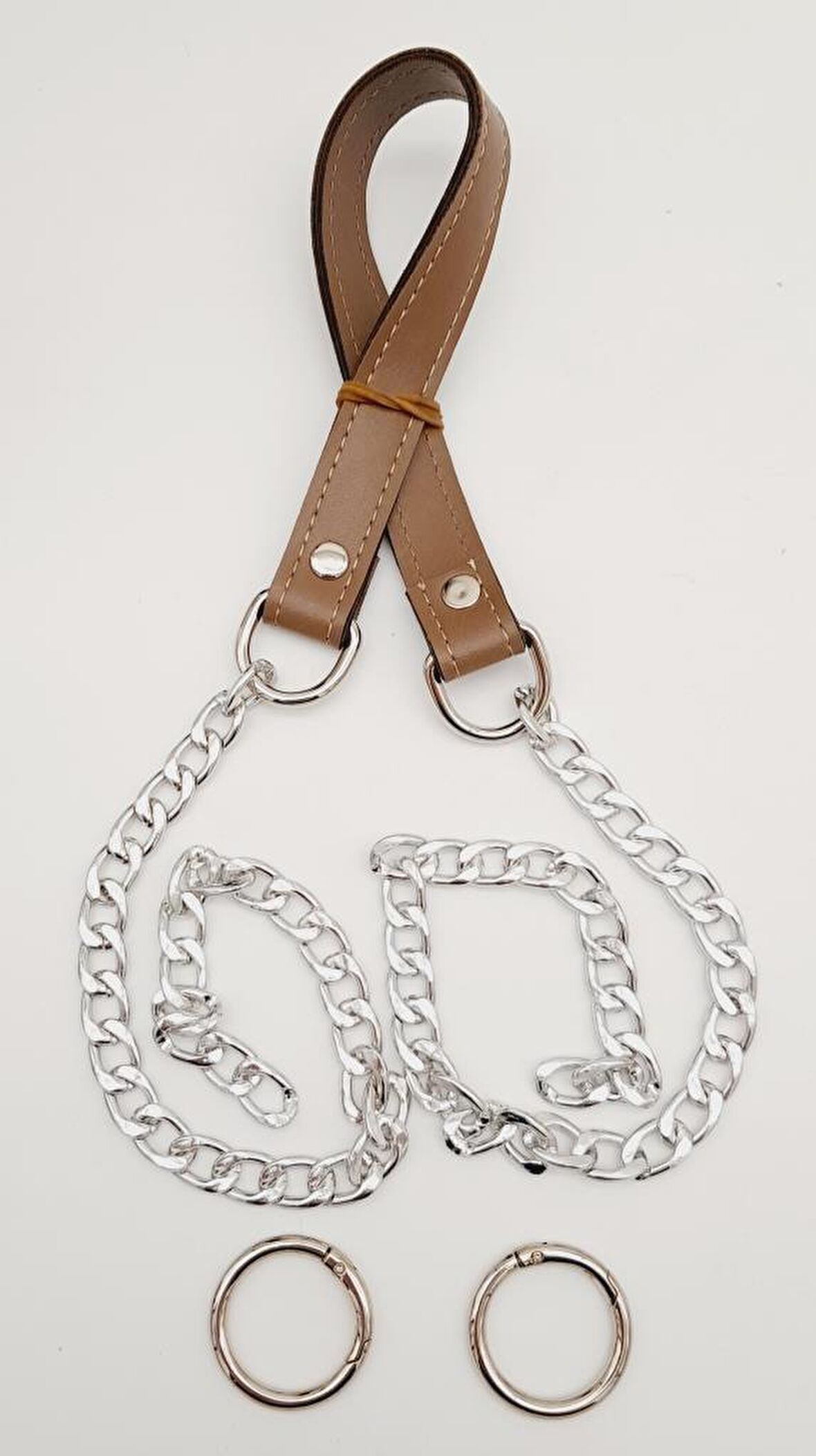 Suni Deri Dikişli Gümüş Zincirli Vizon Renk Çanta Sapı