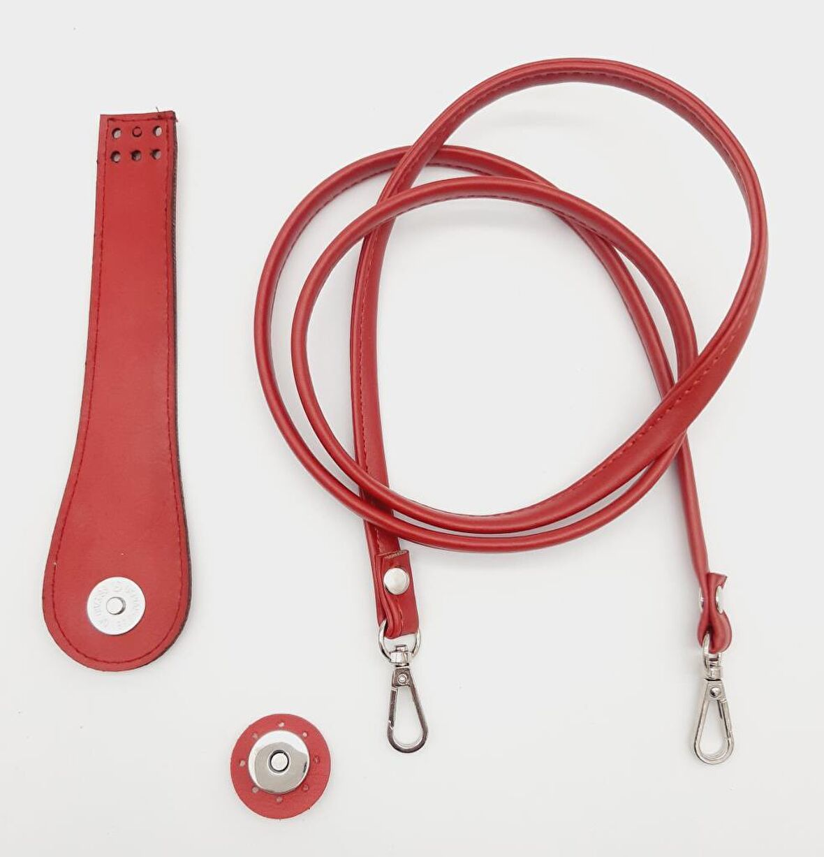 Suni Deri Cep Telefonu Seti Dikişli Kırmızı Renk Gümüş Metalli