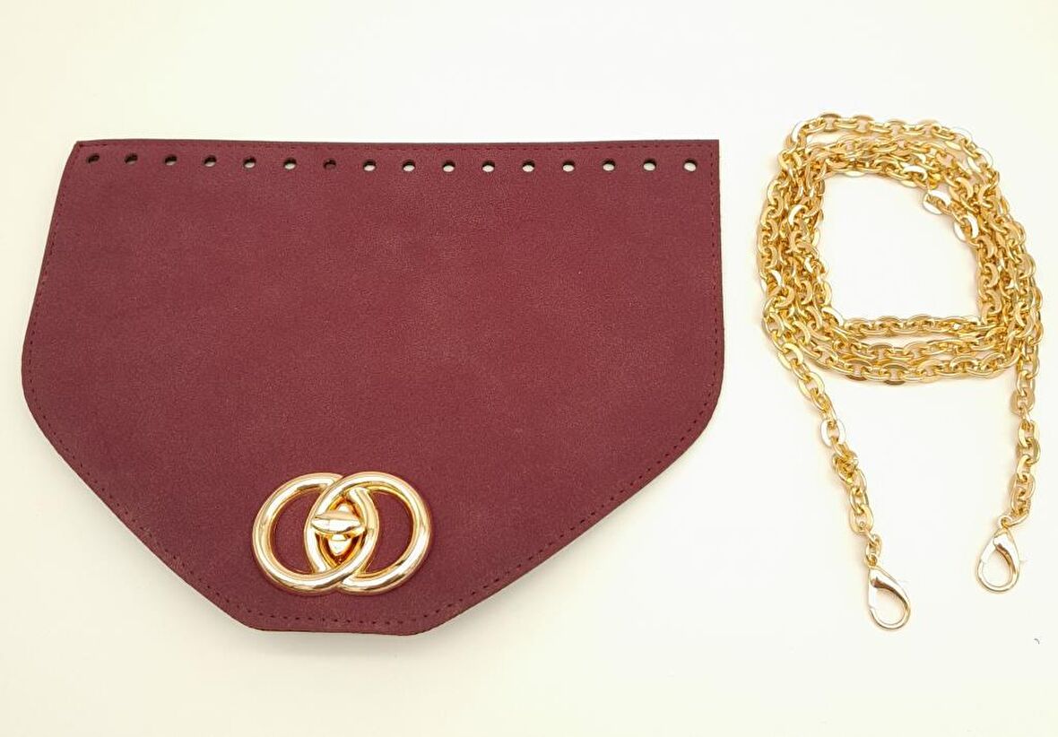 Bordo Renk Nubuk Süet 22.5x17 cm Kapaklı 120 cm Zincirli Çanta Seti