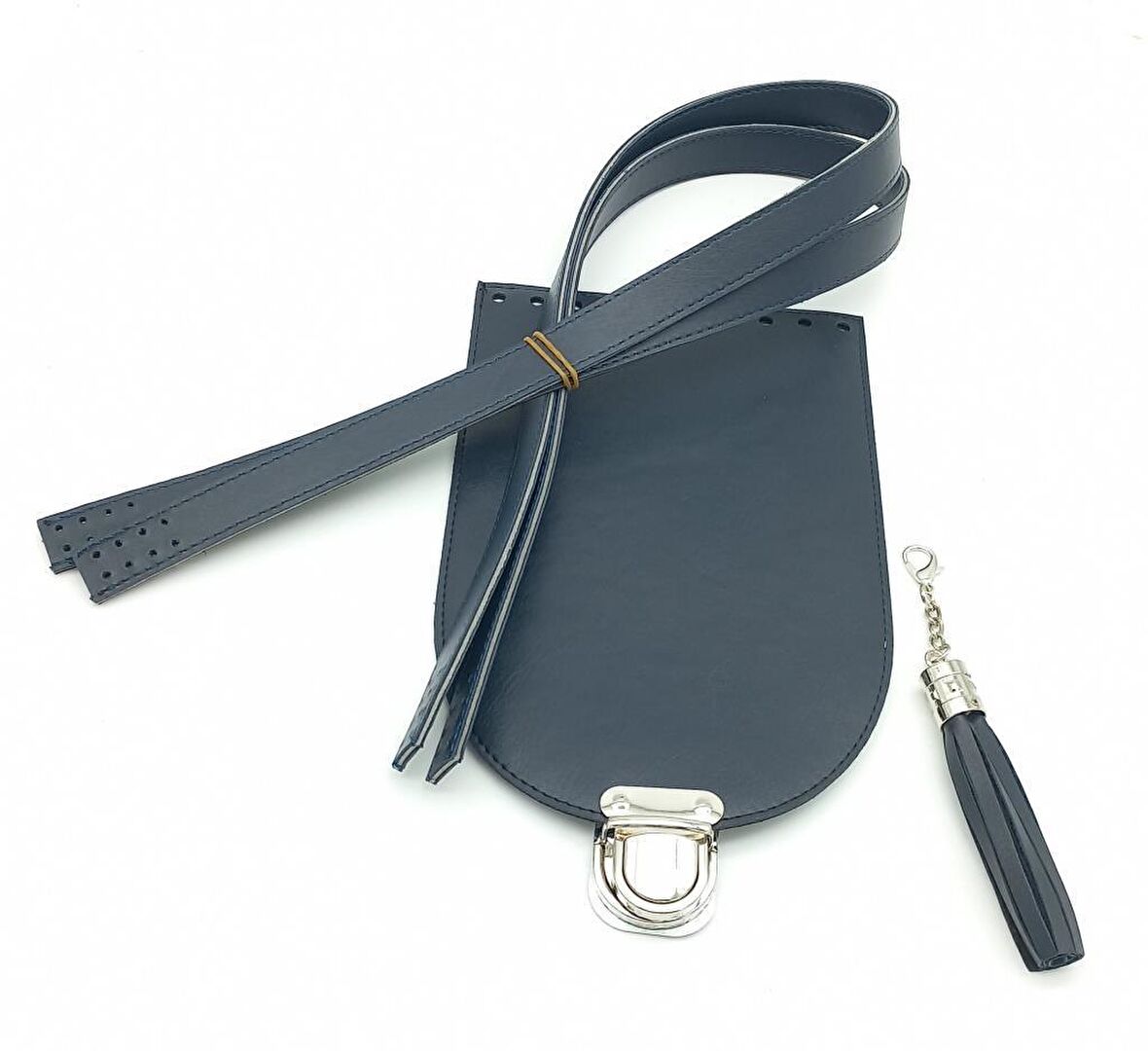 Lacivert Suni Deri 80x2 cm Çift Saplı Püsküllü Çanta Seti Gümüş Metalli