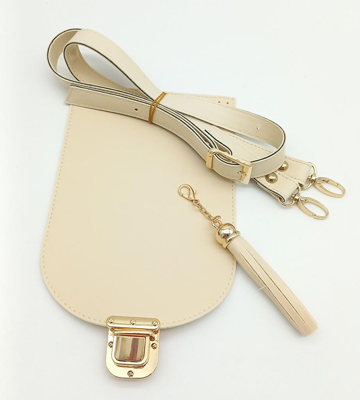 Krem Suni Deri 120x2 cm Çanta Saplı Püsküllü Çanta Seti Light Gold Metalli