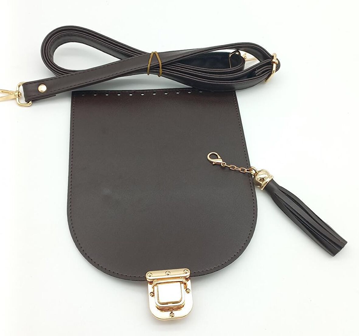 Kahverengi Suni Deri 125X2 Cm Sürgütlü Çanta Saplı Püsküllü Çanta Seti Light Gold Metal