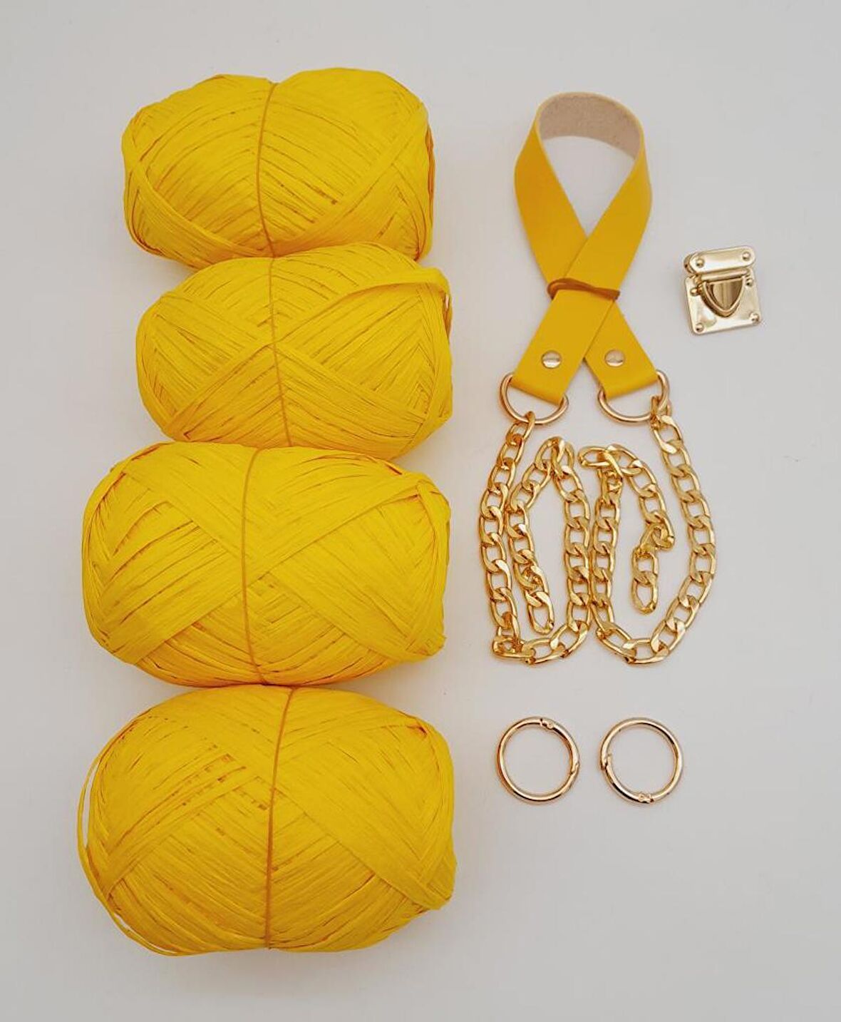 Rafya Ve Sarı Renk Zincirli Sap Çanta Seti