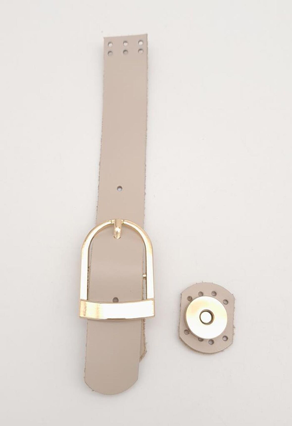 18x2,3 cm Bej Gerçek Deri Tokalı Çanta Kapağı Light Gold Metalli