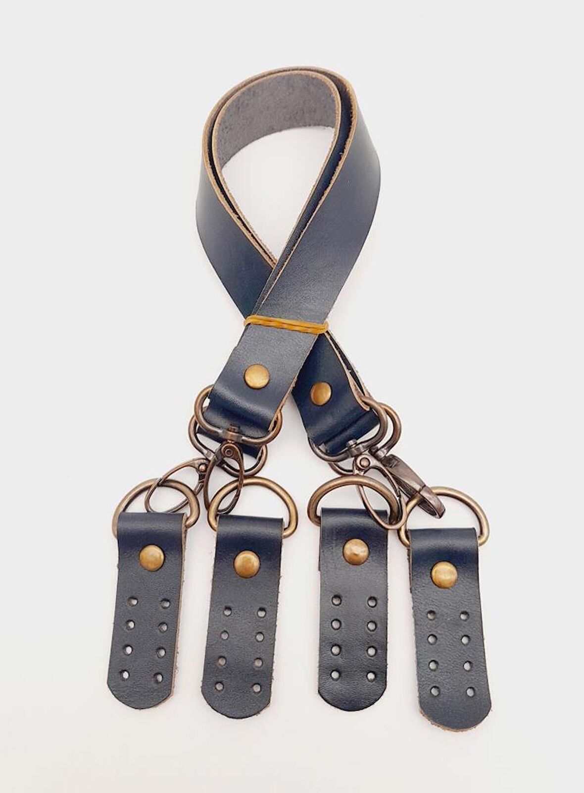 Lacivert Gerçek Deri 55 Cm Çift Sap Misu Model Antik Metal