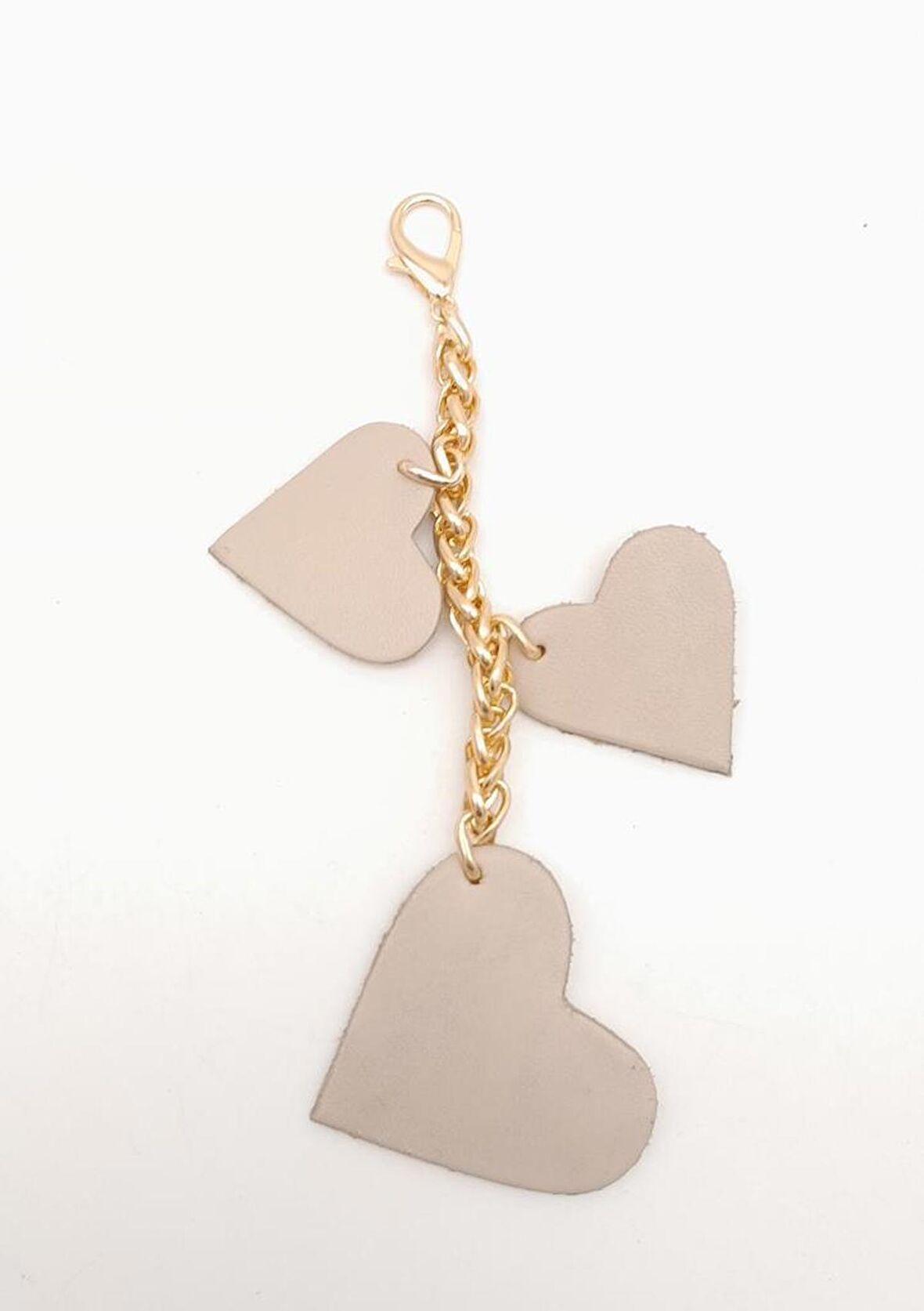 Bej Gerçek Deri Kalpli Süs Püskül Light Gold Zincirli