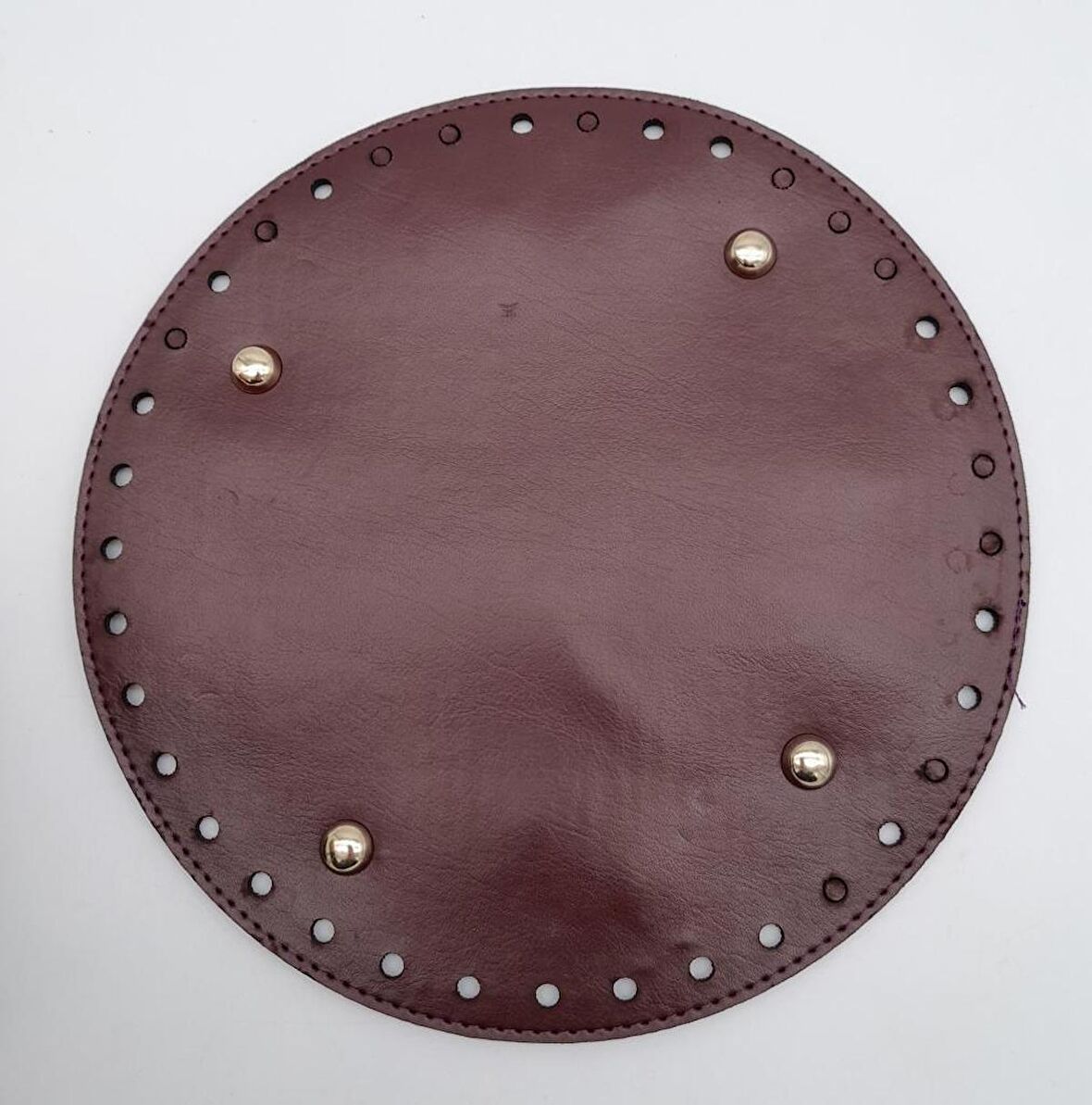 Bordo Suni Deri 22 cm Yuvarlak Çanta Tabanı Light Gold Metalli