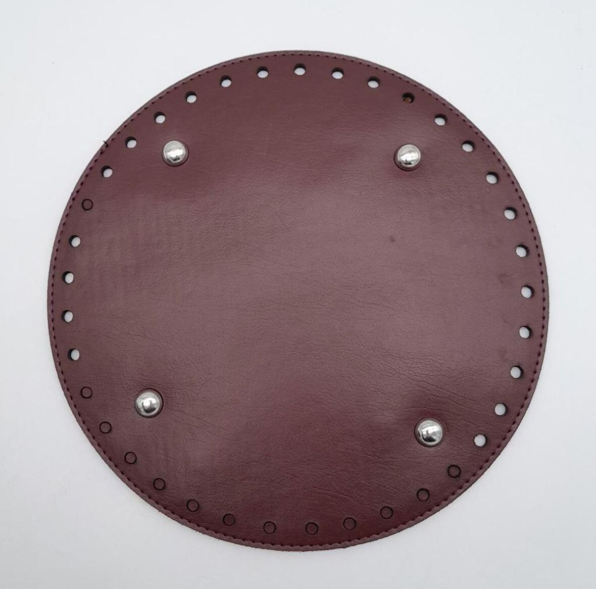 Bordo Suni Deri 22 cm Yuvarlak Çanta Tabanı Gümüş Metalli