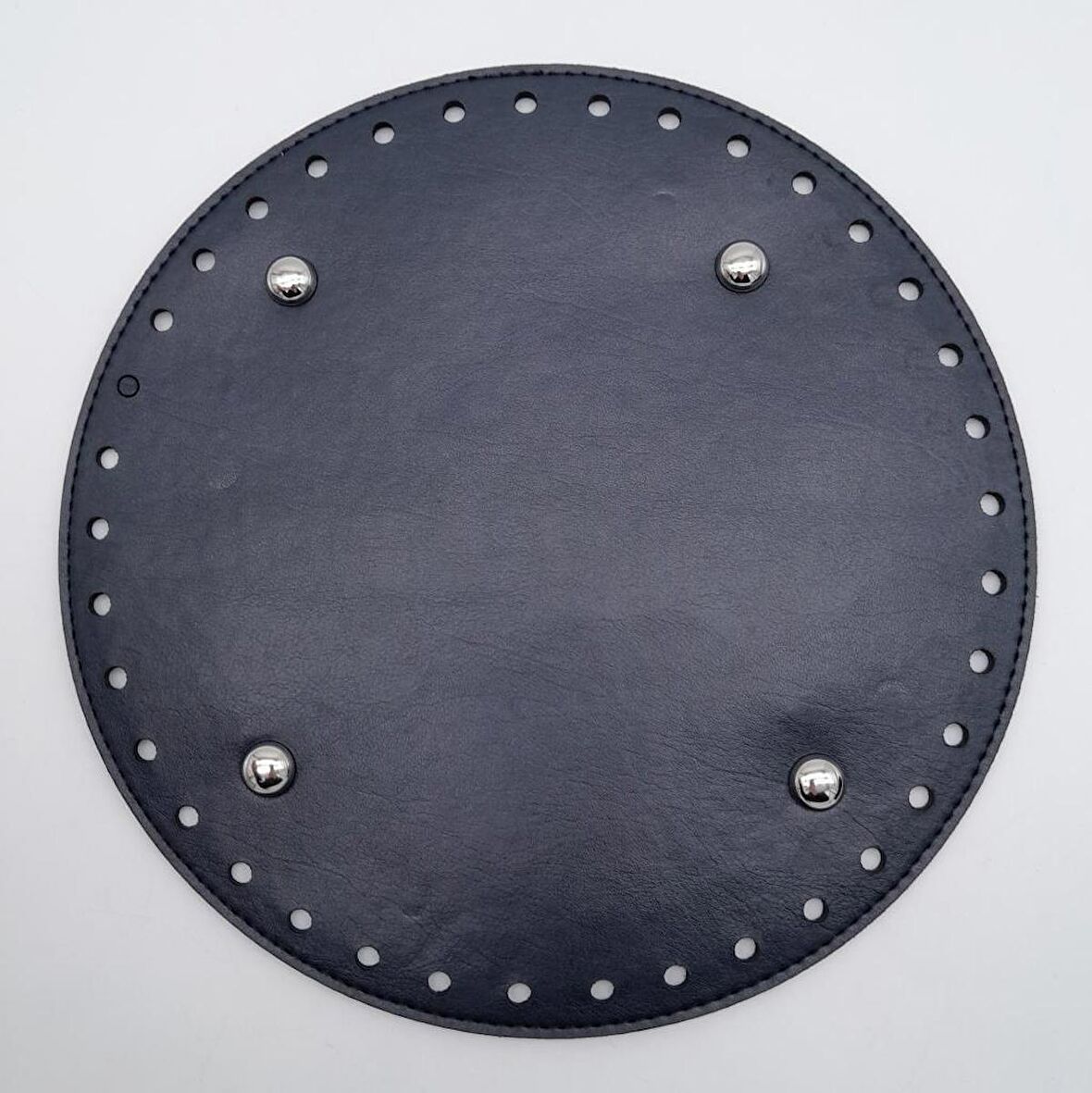 Lacivert Suni Deri 22 cm Yuvarlak Çanta Tabanı Gümüş Metalli