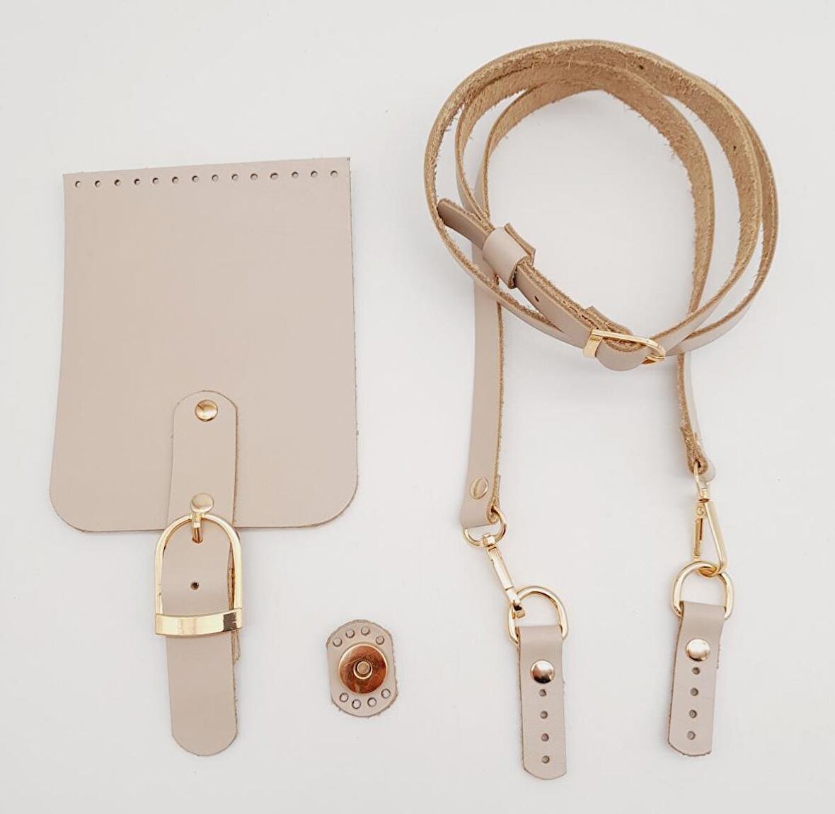 Bej Gerçek Deri 130x1.5 cm Ayarlı Saplı Çanta Seti Light Gold Metalli