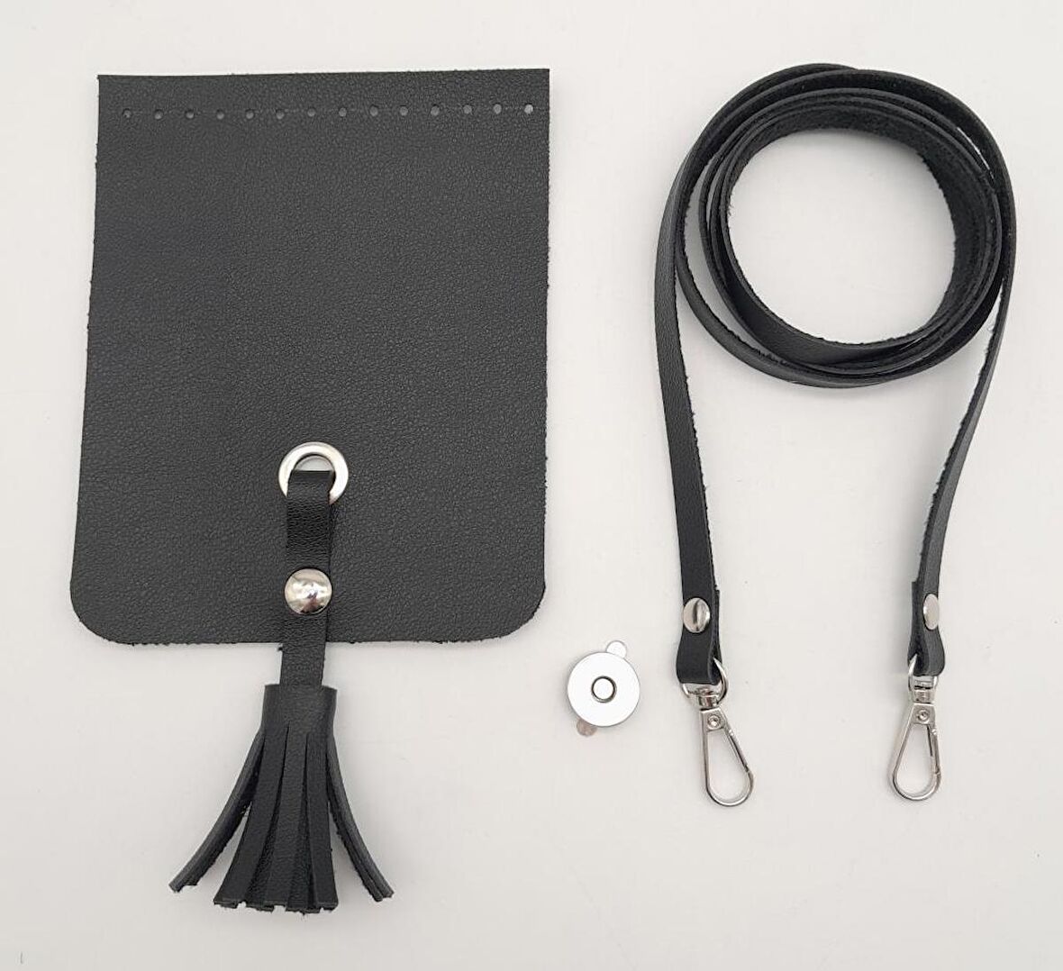Siyah Suni Deri Püskül Kapaklı Cep Telefonu Mini Bag Çanta Seti Gümüş Metal
