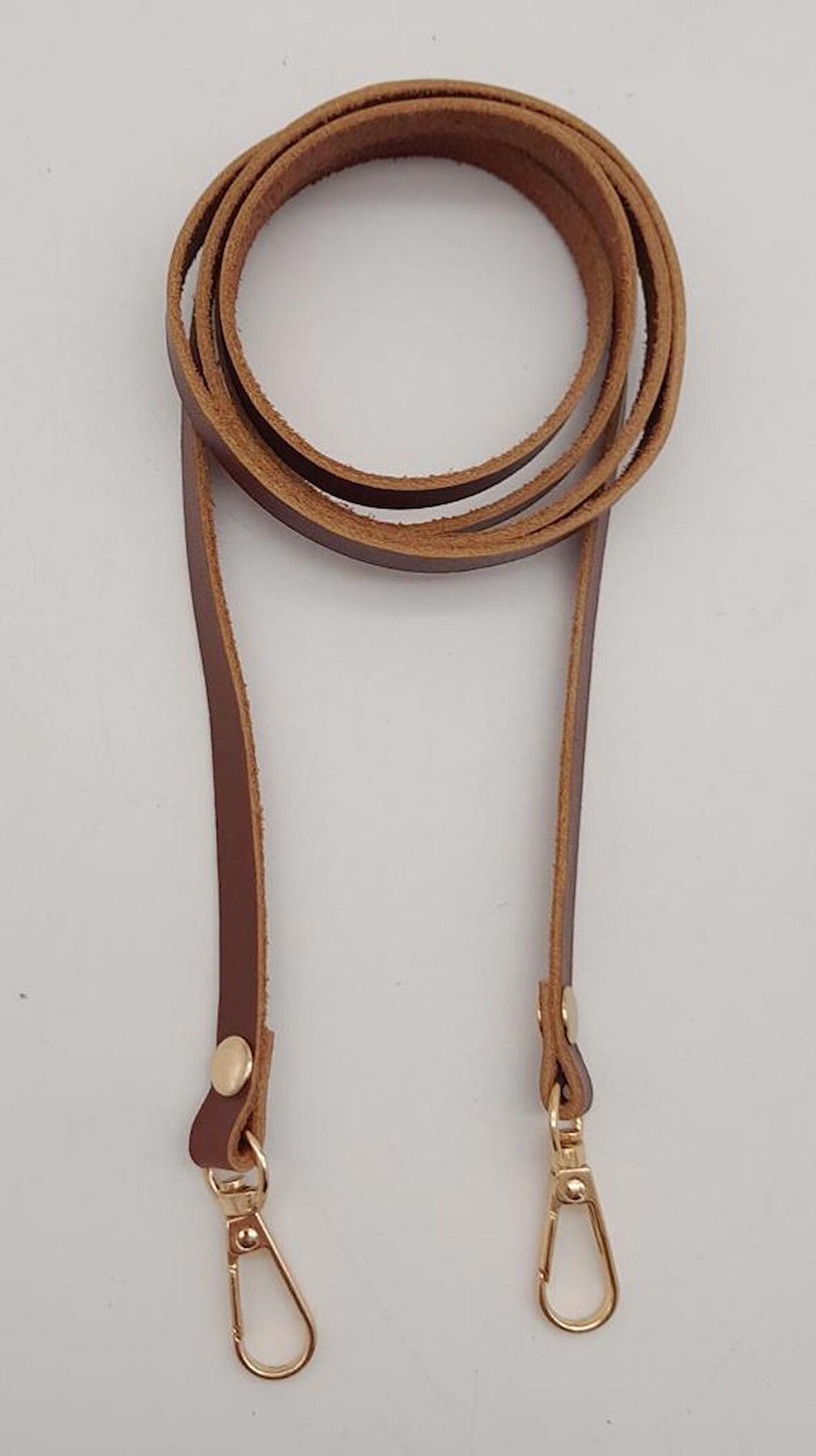 Gerçek Deri Spagetti Model Kızıl Kahve Light Gold Metal Çanta Sapı