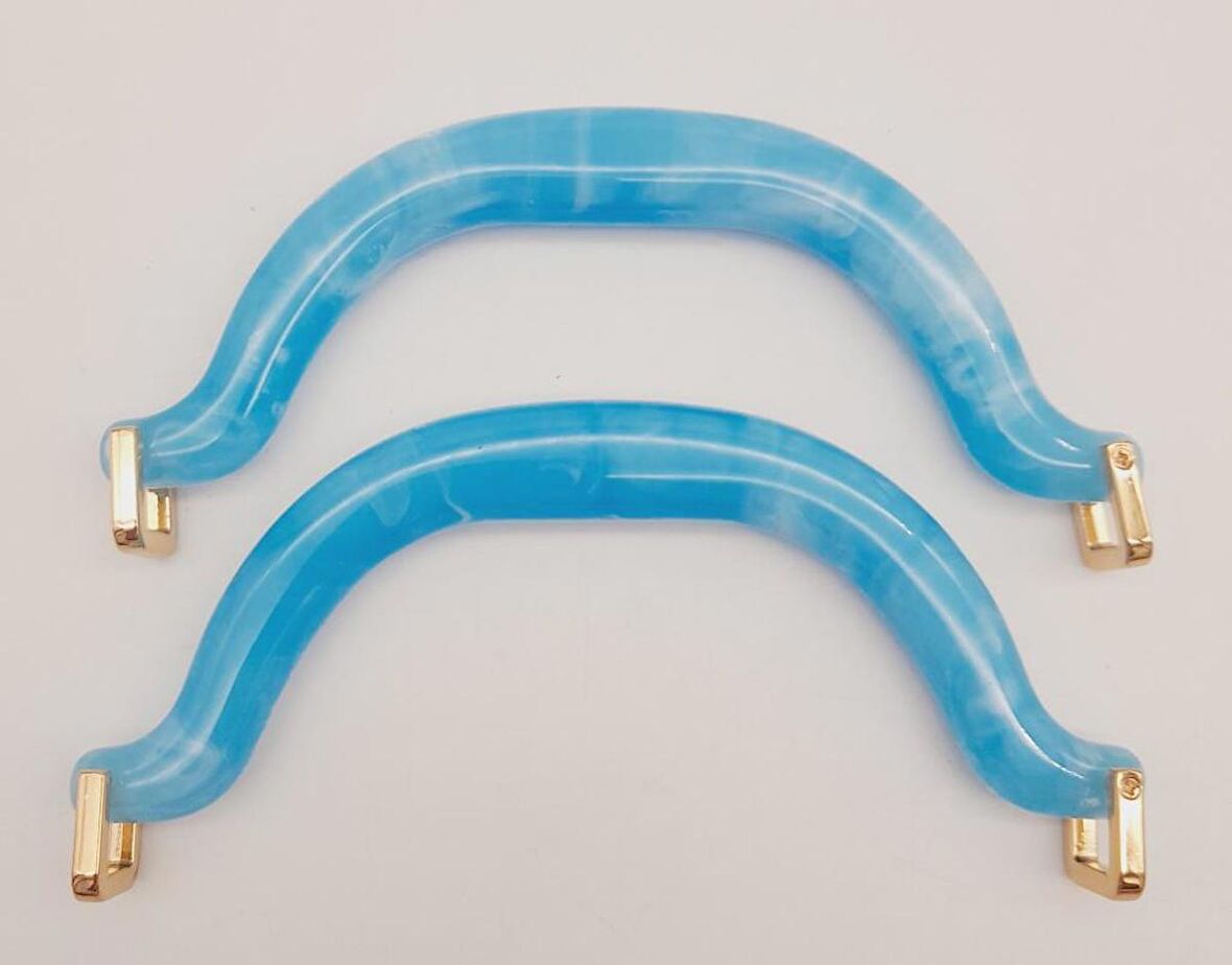 Akrilik Buz Mavi Renk Mermer Desen Light Gold Halkalı Çanta Tutma Sapı