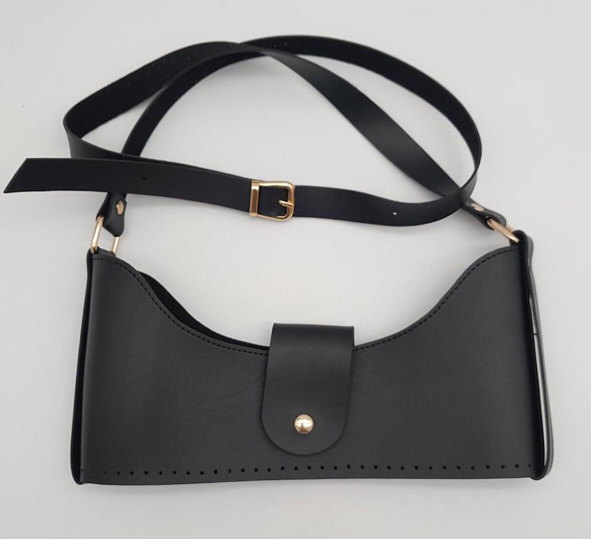 Siyah Suni Deri 120x2 cm Çanta Saplı Deri Seti Light Gold Metalli