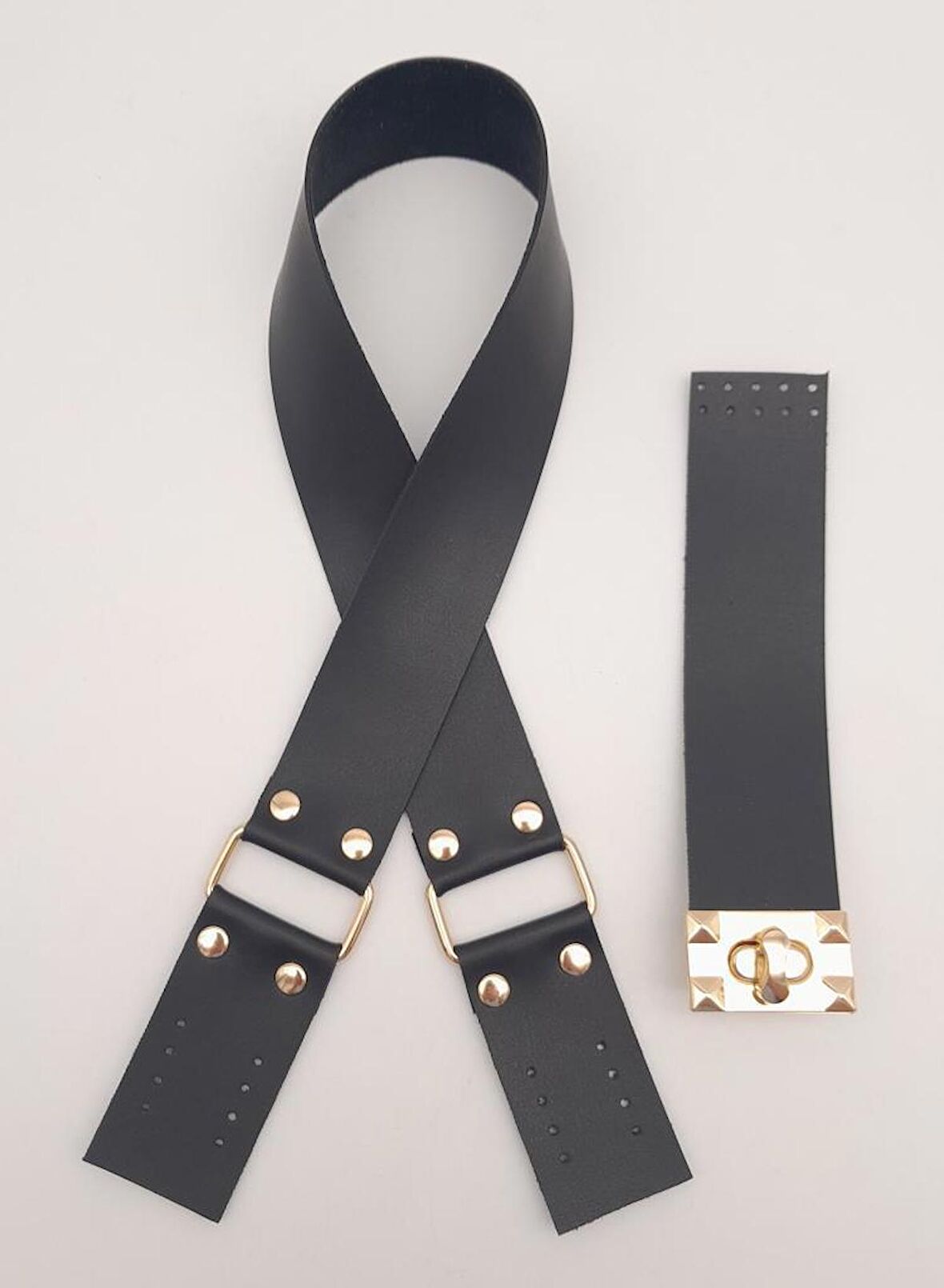 70x4 cm Suni Deri Çanta Saplı Kapaklı Siyah Çanta Seti Light Gold Metalli