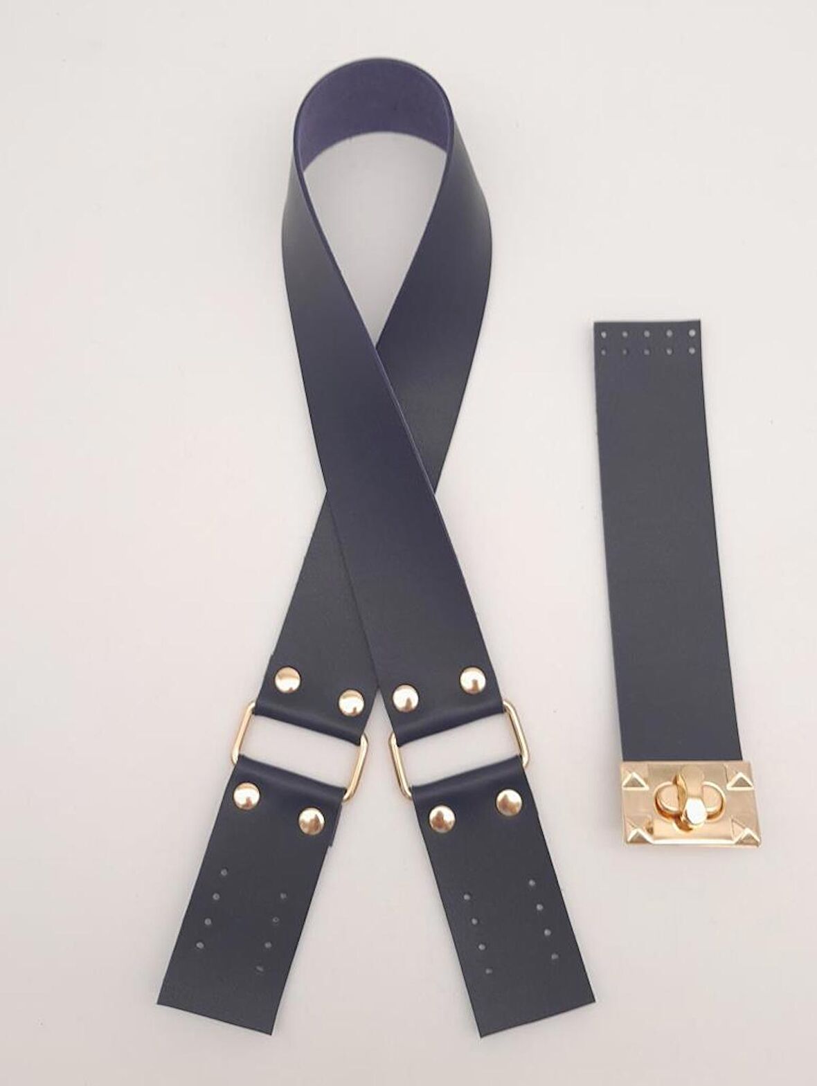 70x4 cm Suni Deri Çanta Saplı Kapaklı Lacivert Çanta Seti Light Gold Metalli