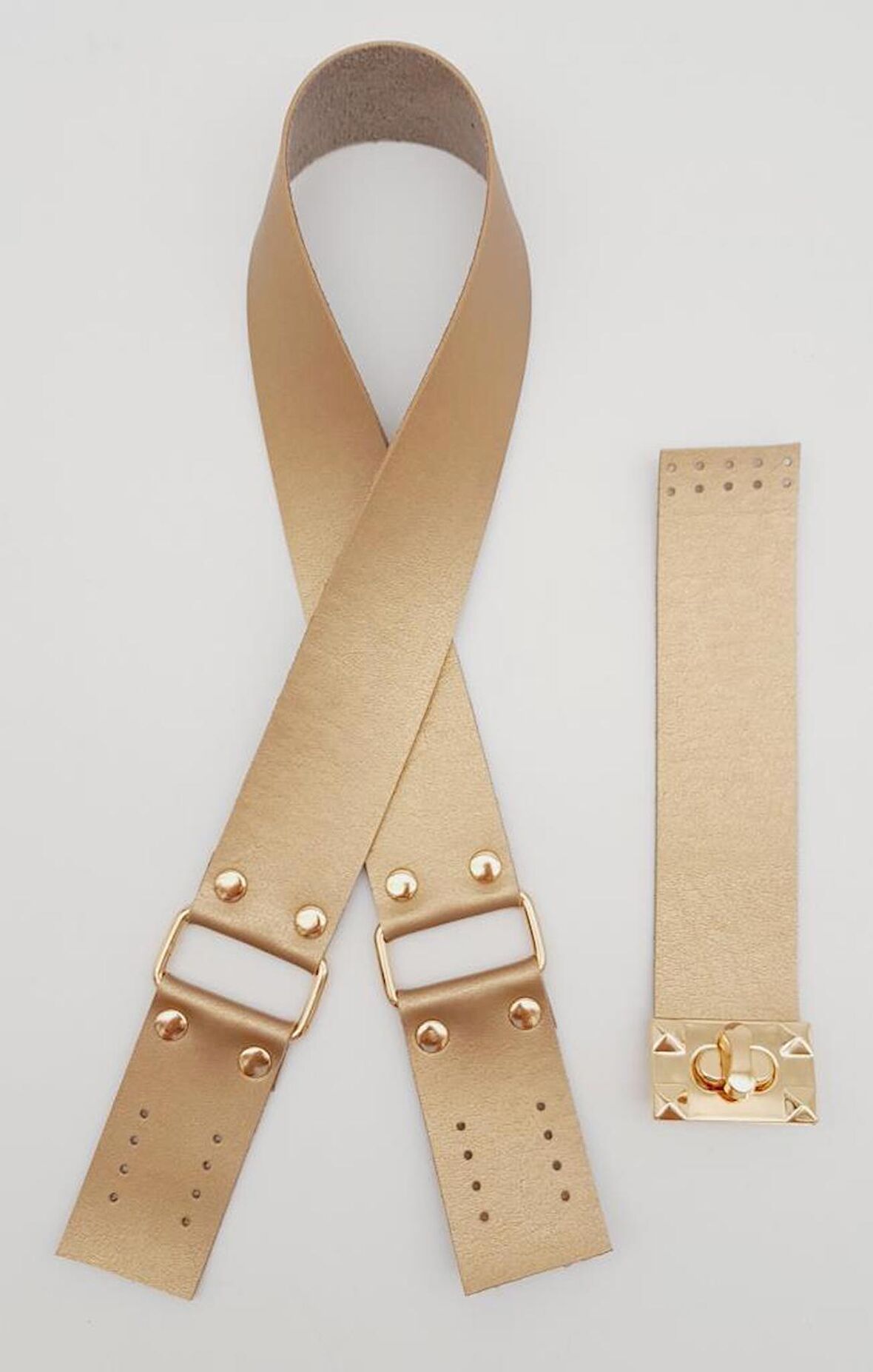 70x4 cm Suni Deri Çanta Saplı Kapaklı Gold Renk Çanta Seti Light Gold Metalli